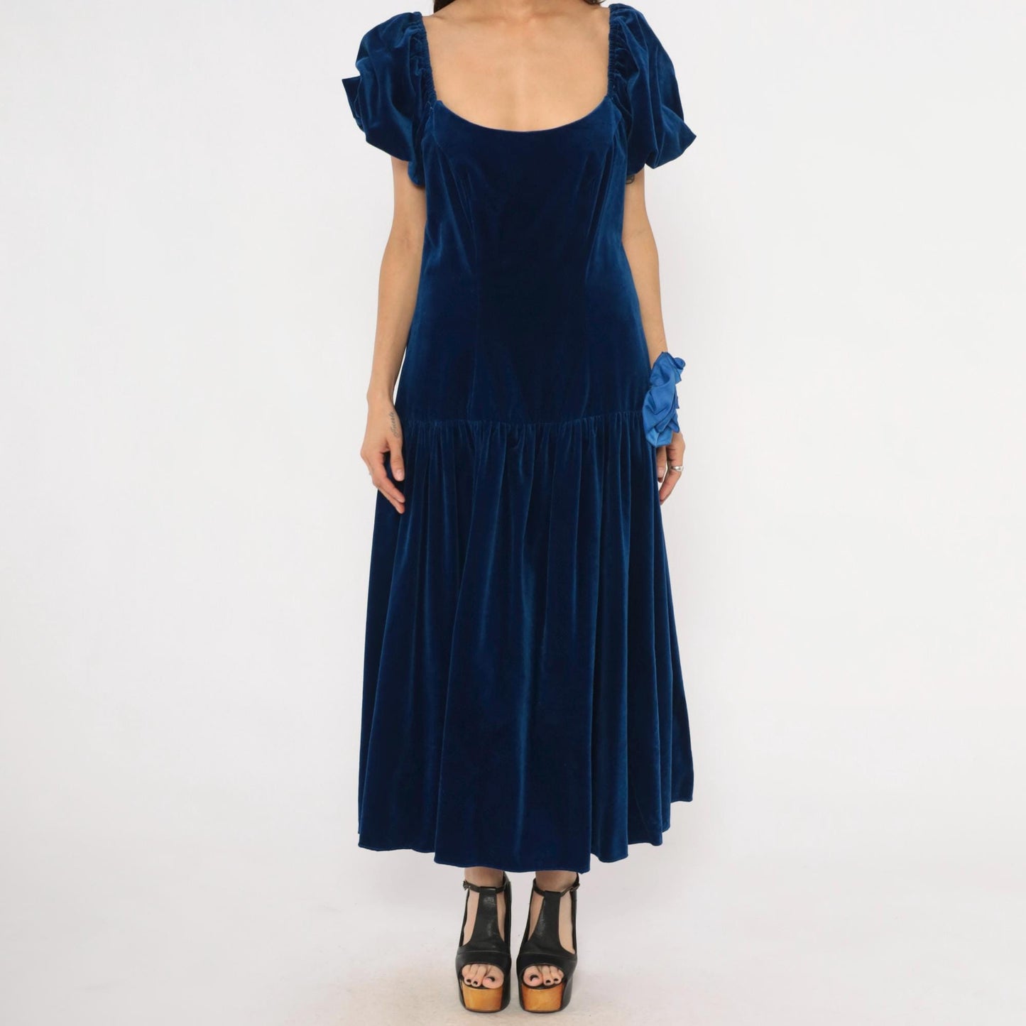 80s Bianchi Navy Velvet Maxi Gown Puff Sleeve Drop Waist Rosette Large L