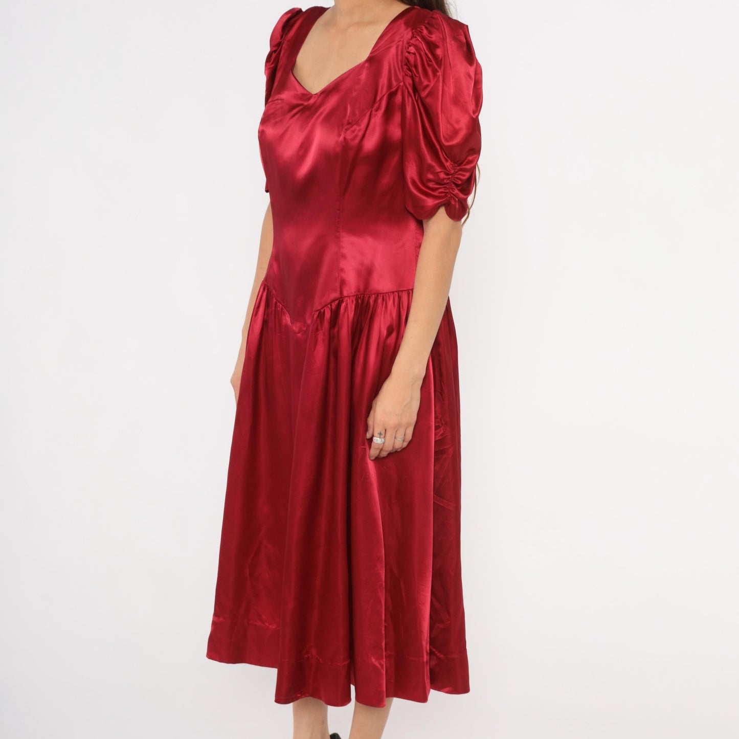 80s Burgundy Satin Midi Dress Puff Sleeve Sweetheart Neckline Bow Back Large L
