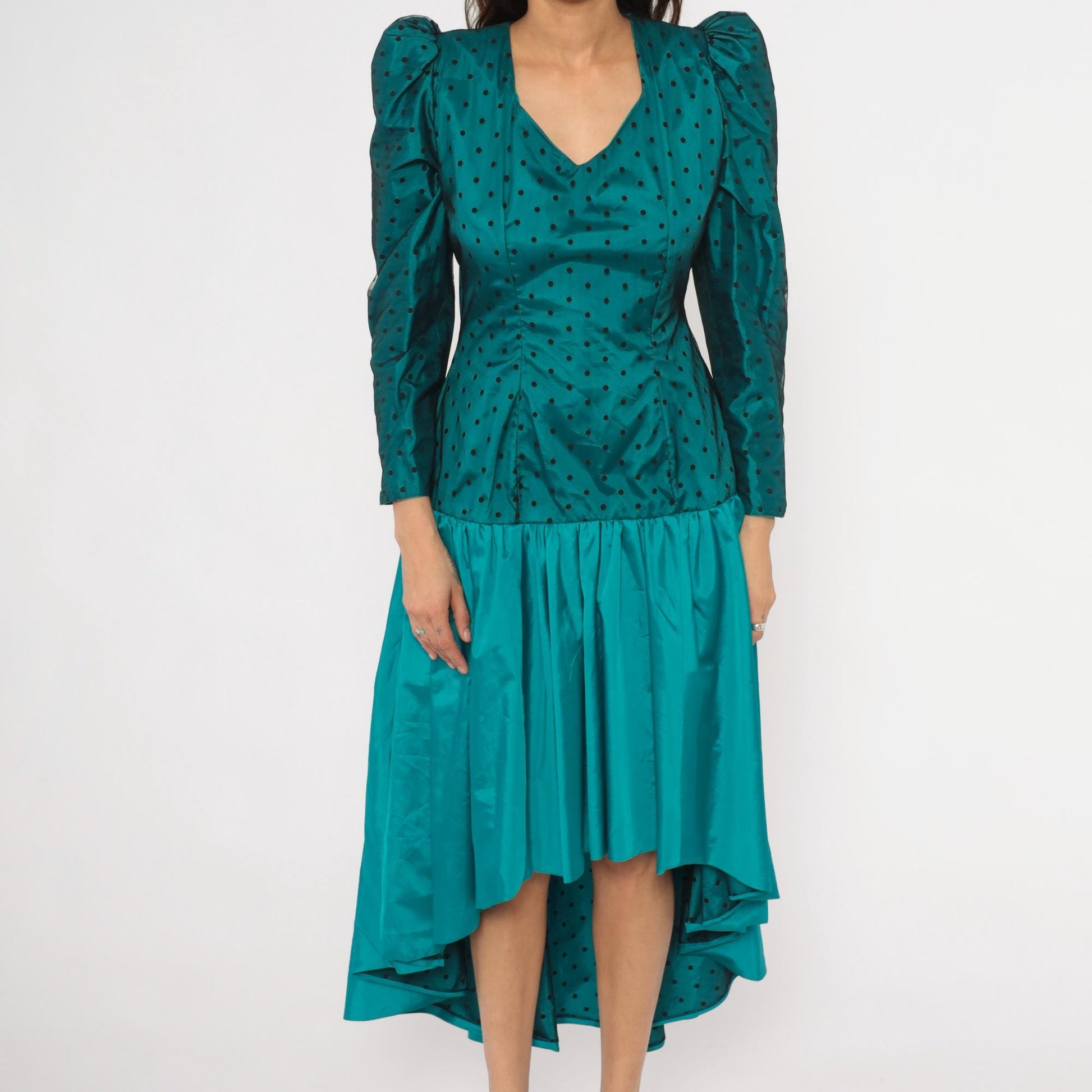 80s Milt Russell Original Teal Polka Dot Puff Sleeve Gown High-Low Medium M