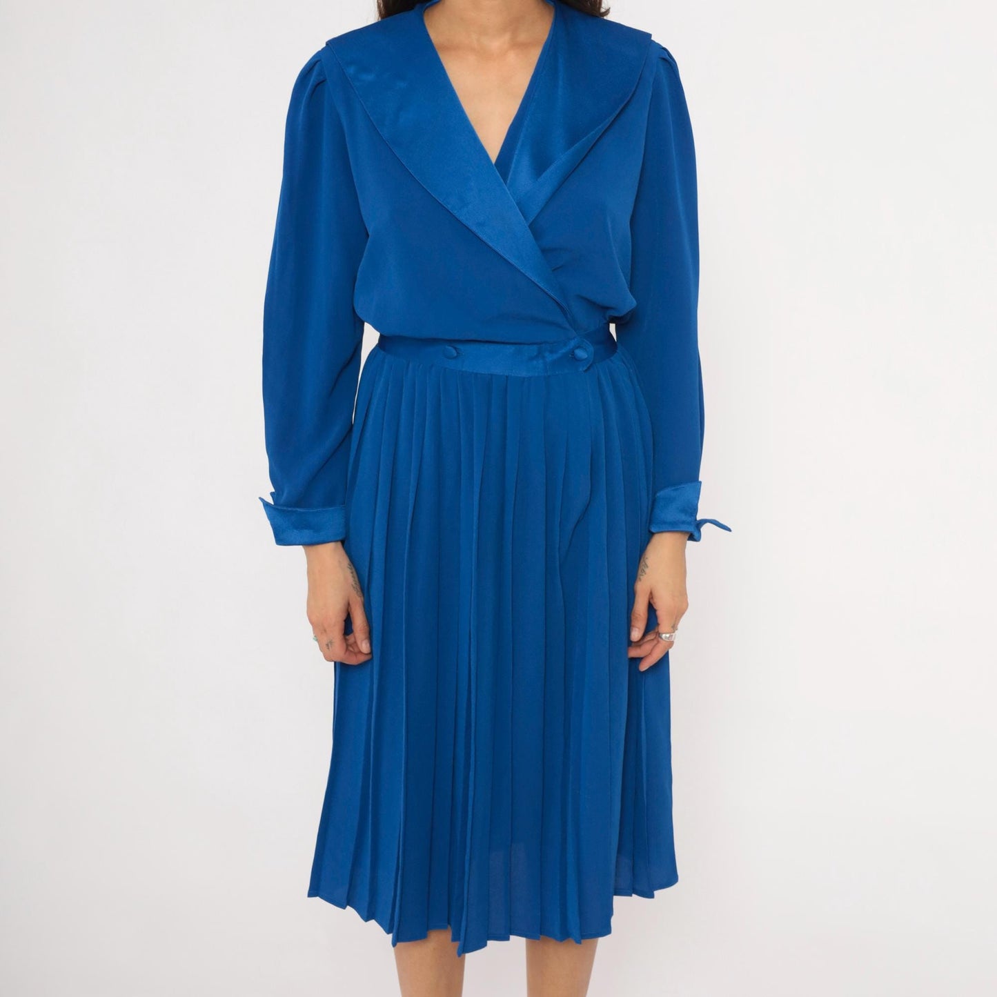 90s Petites for Maggy Cobalt Wrap Dress Puff Sleeve Pleated Knee-Length Medium