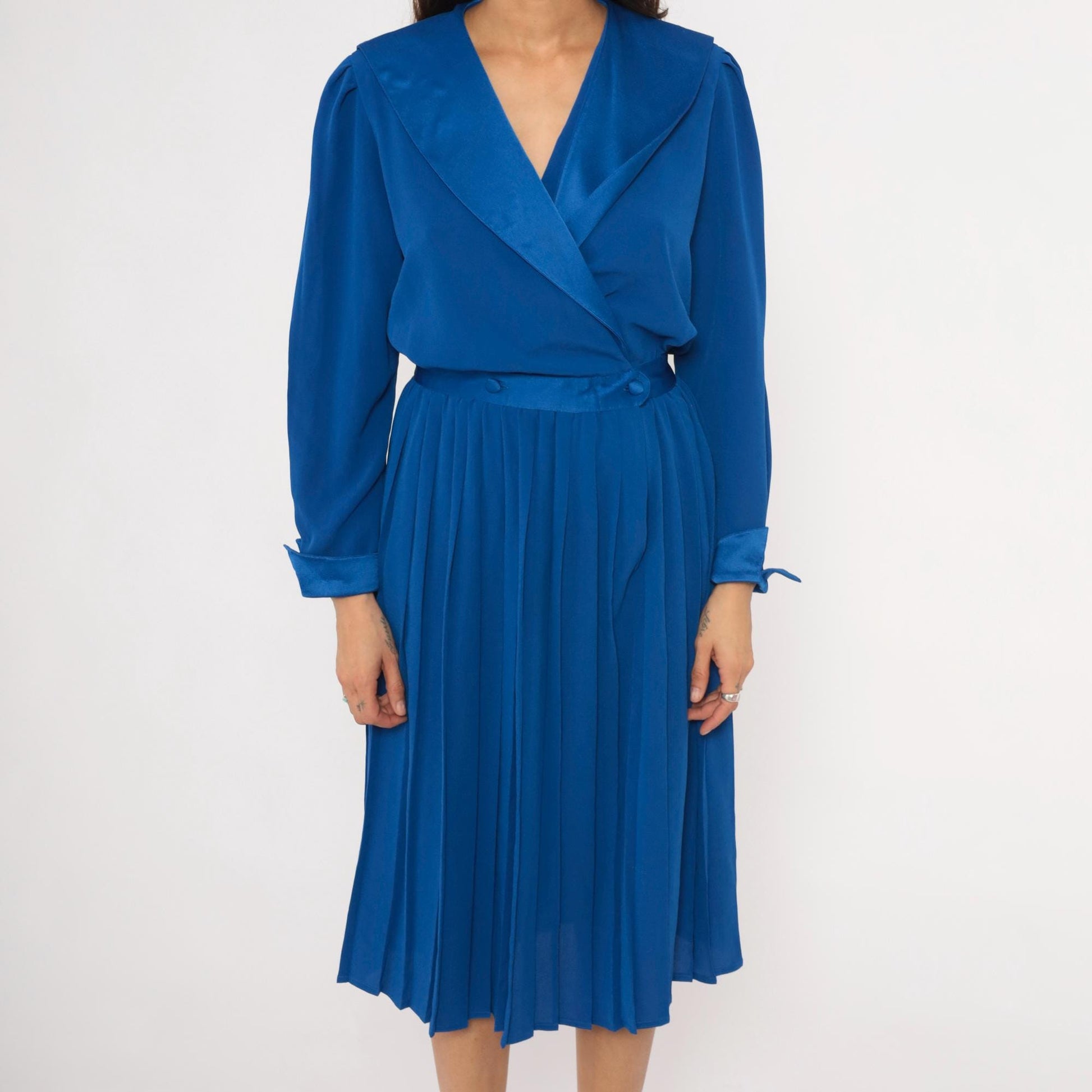 90s Petites for Maggy Cobalt Wrap Dress Puff Sleeve Pleated Knee-Length Medium