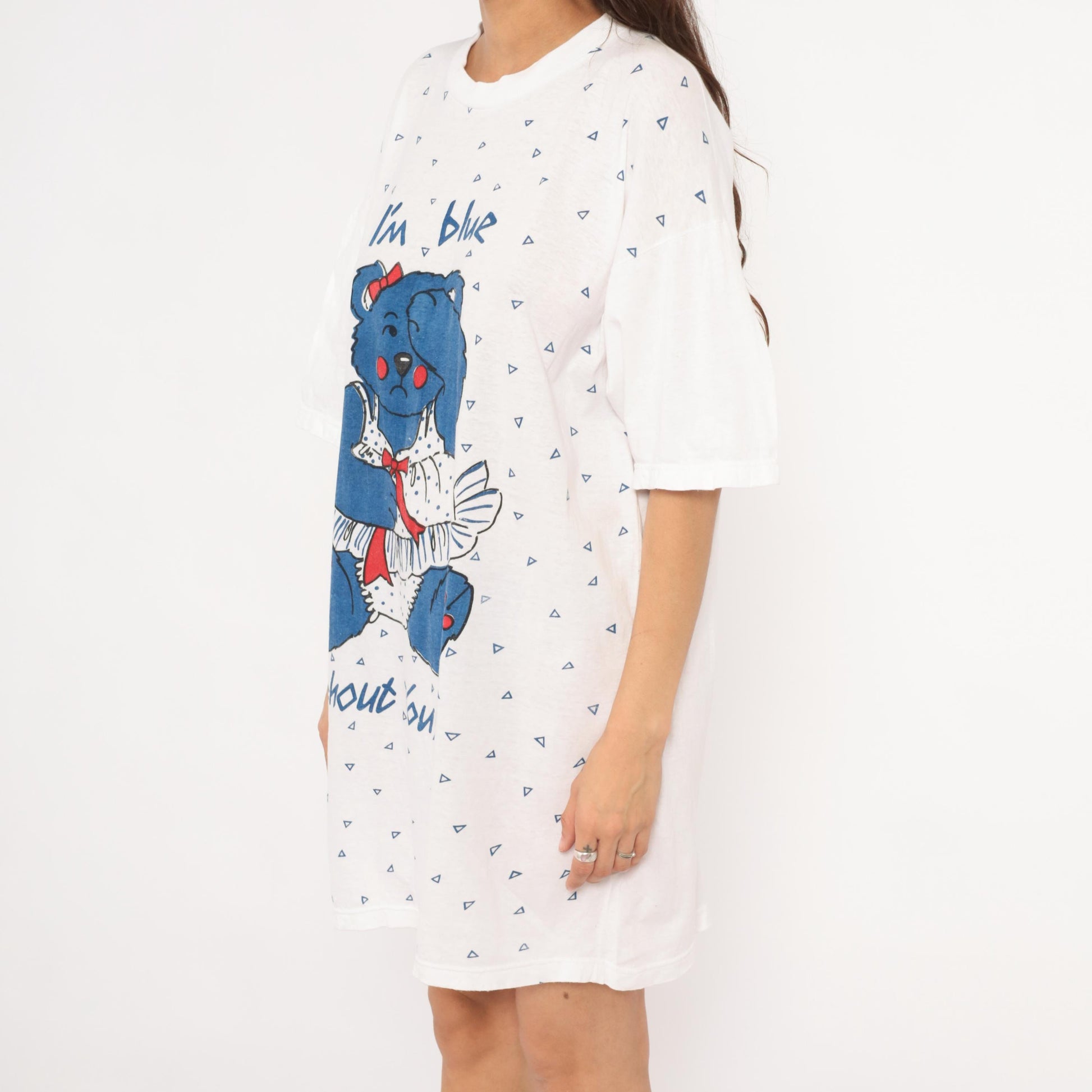 90s Tracys Place Blue Bear Nightshirt White Cotton Graphic Sleep Tee One Size