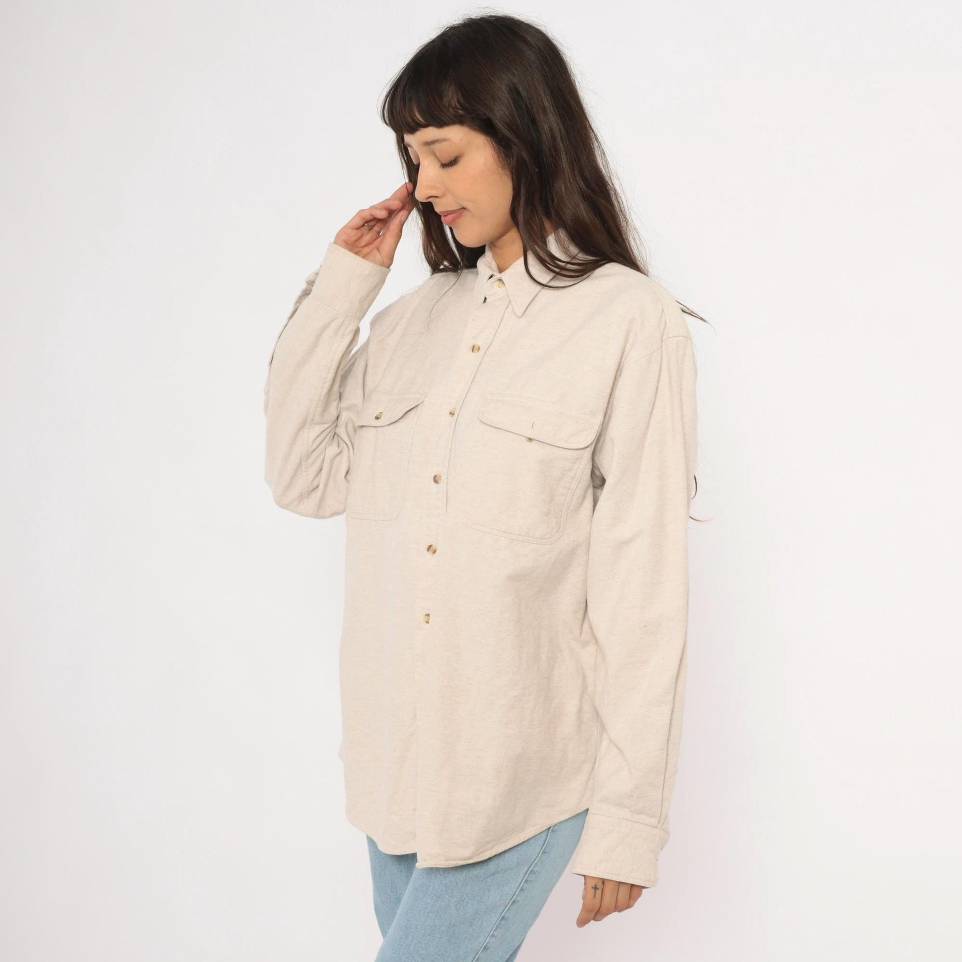 90s Appalachian Trail Flannel Button-Up Shirt Cream Cotton Unisex Extra Large XL