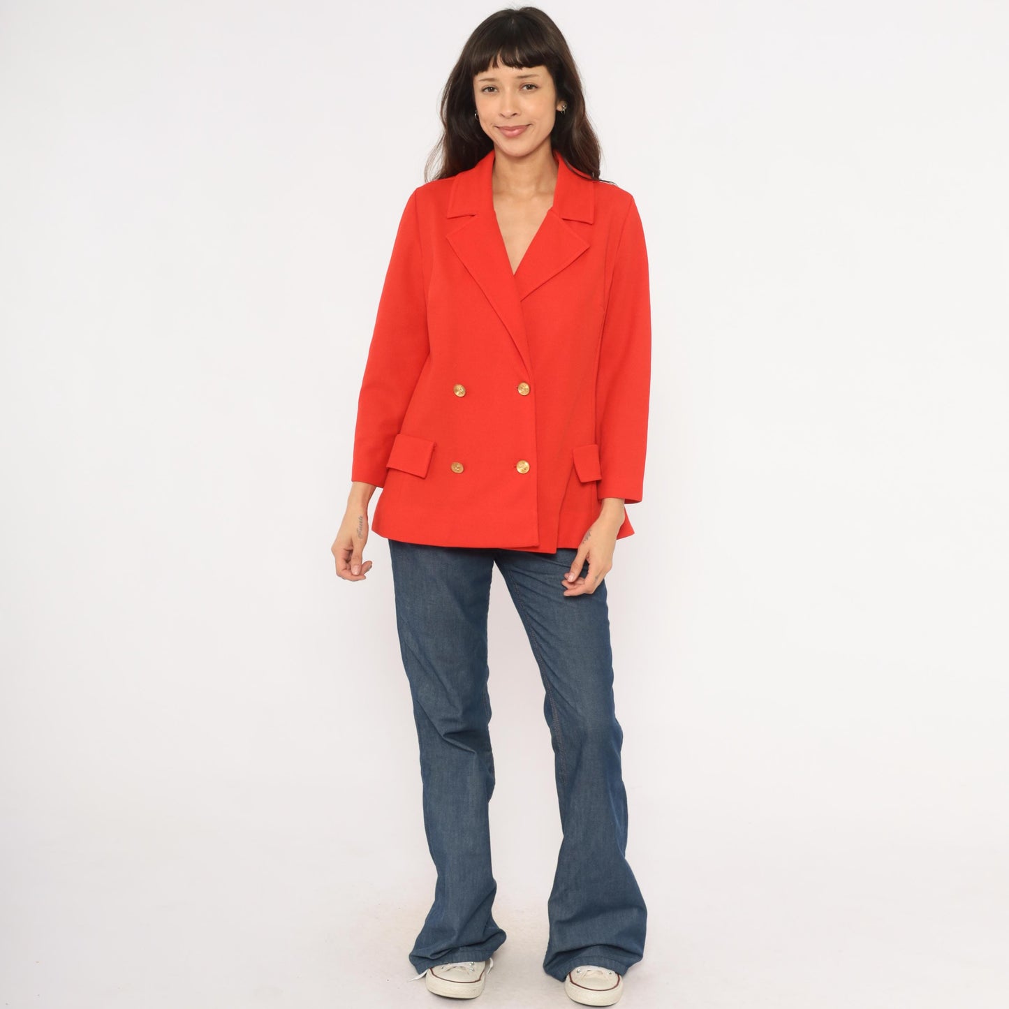 70s Bodin Knits Red Double Breasted Blazer Gold Buttons Medium M