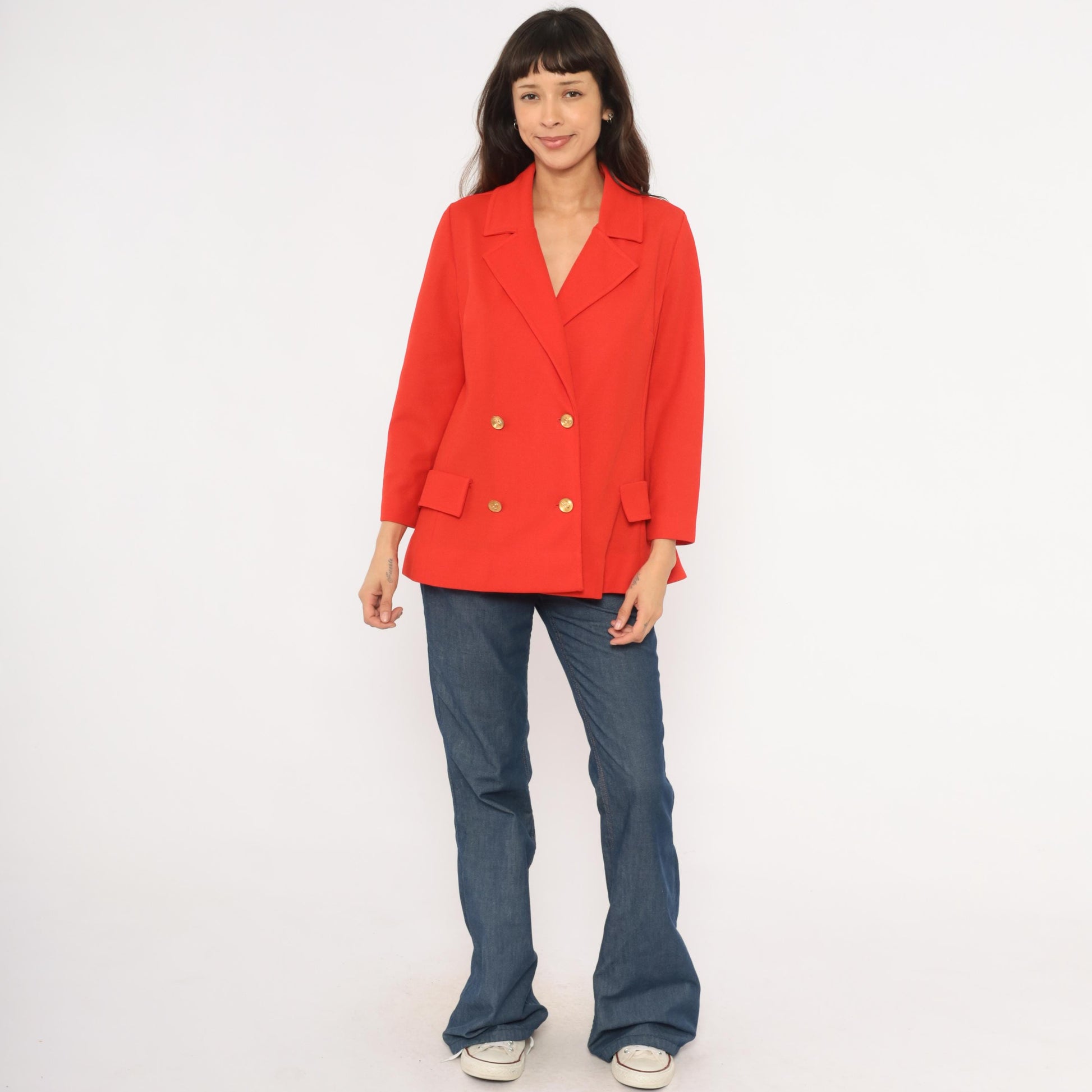70s Bodin Knits Red Double Breasted Blazer Gold Buttons Medium M