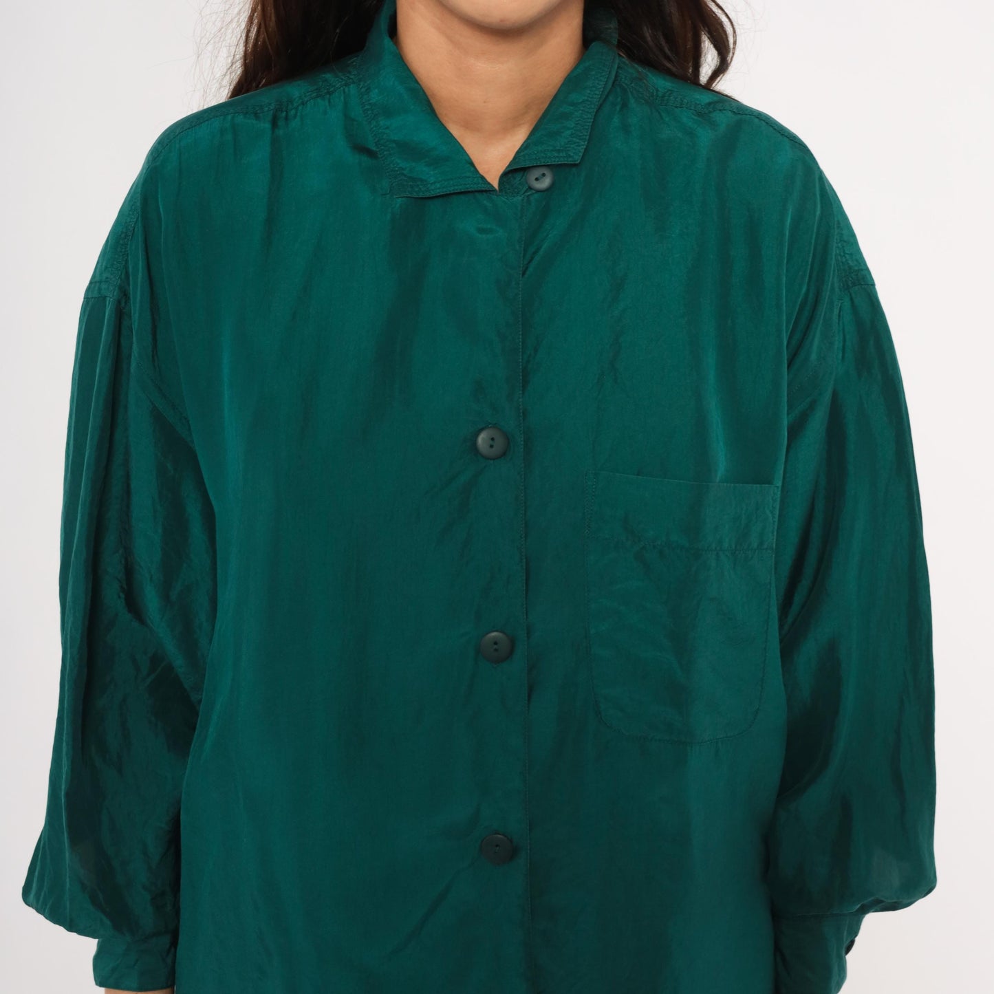 90s The Limited Teal Silk Button Shirt Camp Collar Balloon Sleeve Small