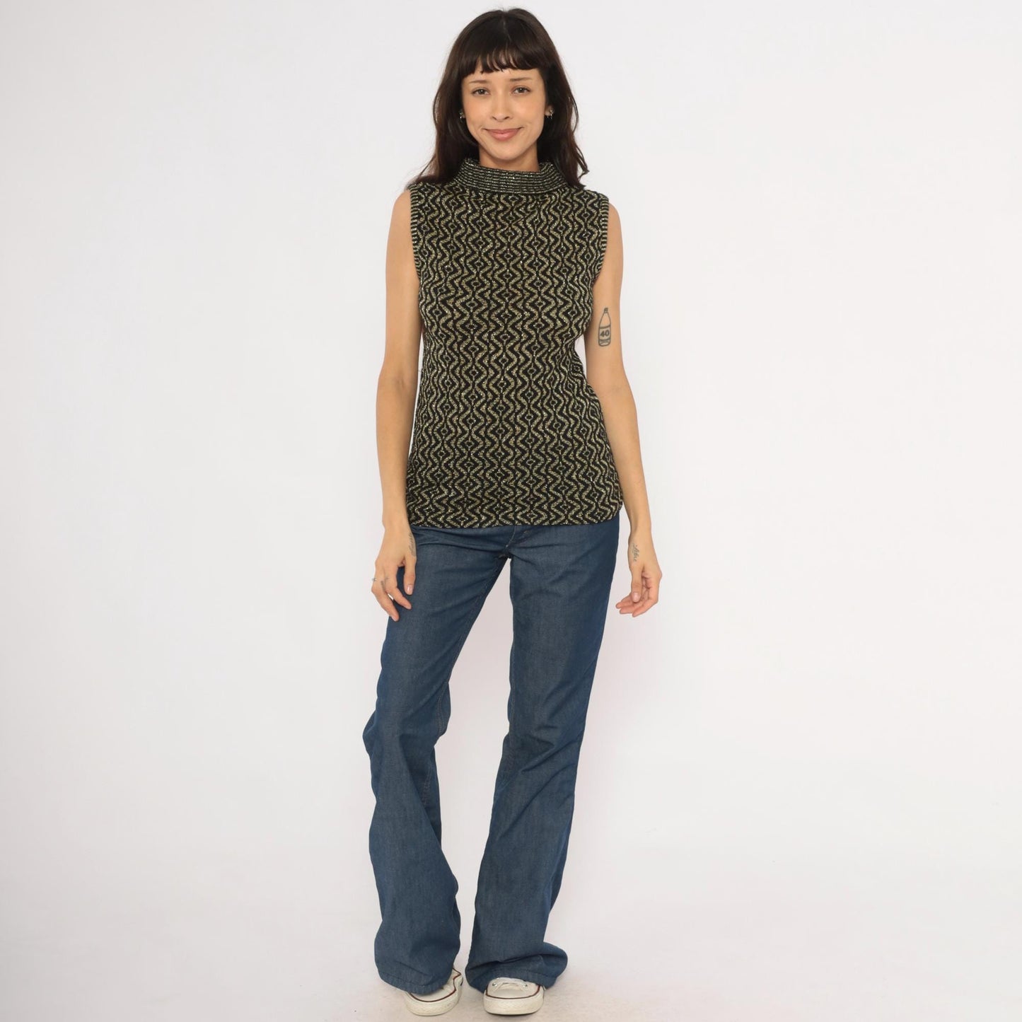 90s Black Gold Metallic Knit Mock Neck Tank Geometric Diamond Pattern Medium