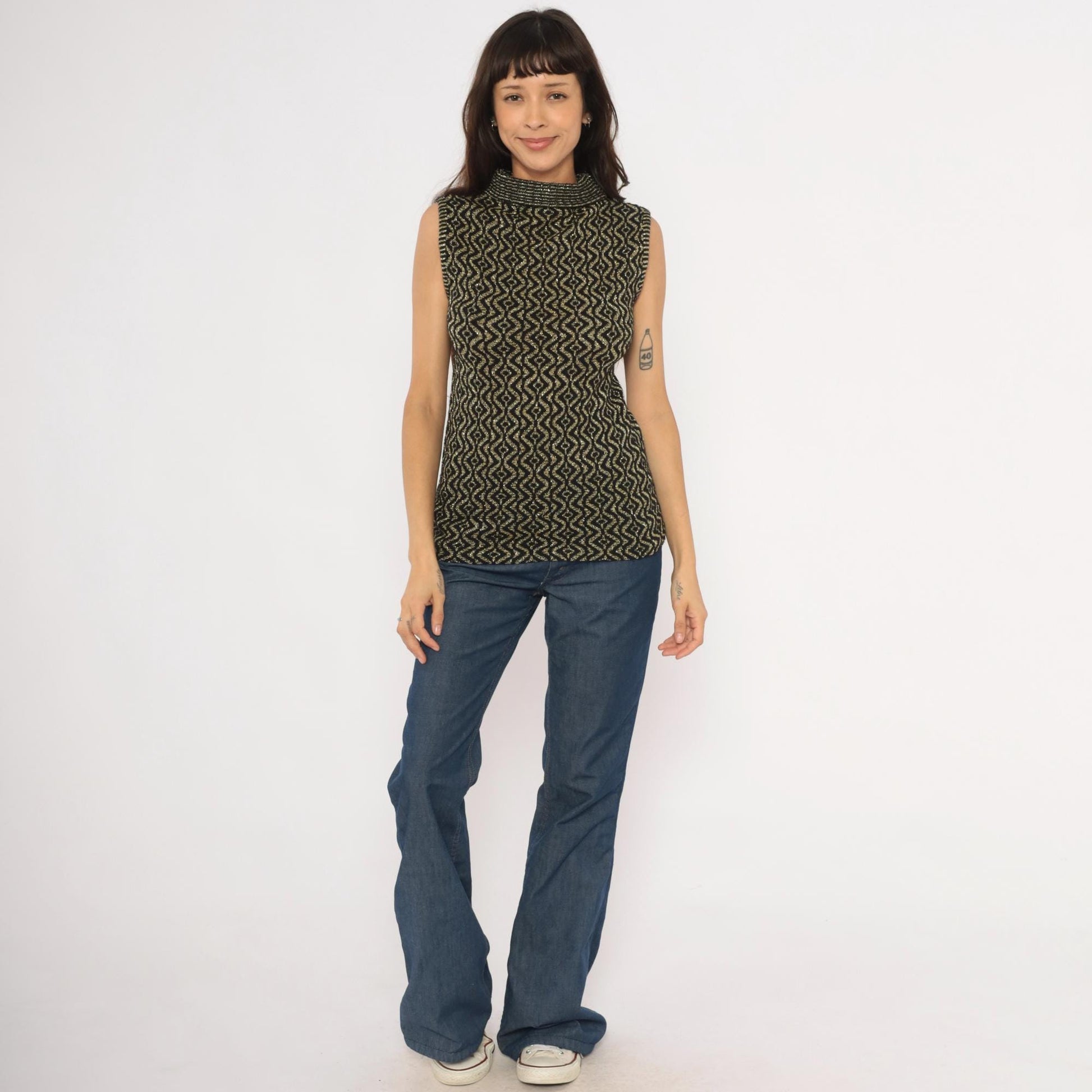 90s Black Gold Metallic Knit Mock Neck Tank Geometric Diamond Pattern Medium