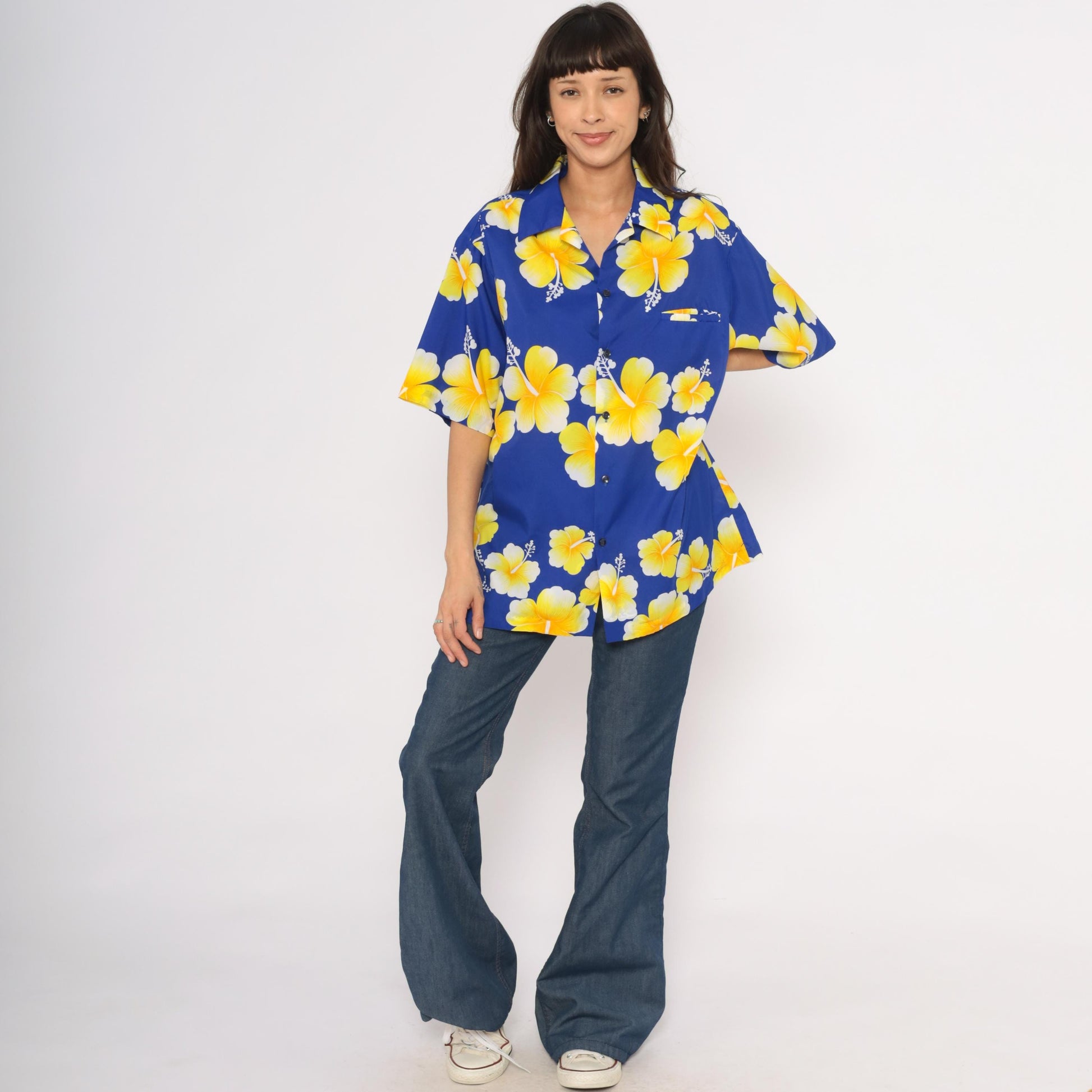 90s Hilo Hatties Hawaiian Hibiscus Shirt Cobalt Blue Yellow Camp Collar Extra Large XL