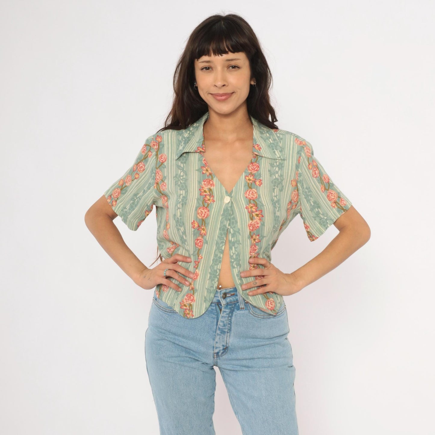 90s ICI Sage Green Striped Rose Vine Blouse V Neck Crop Top Large L