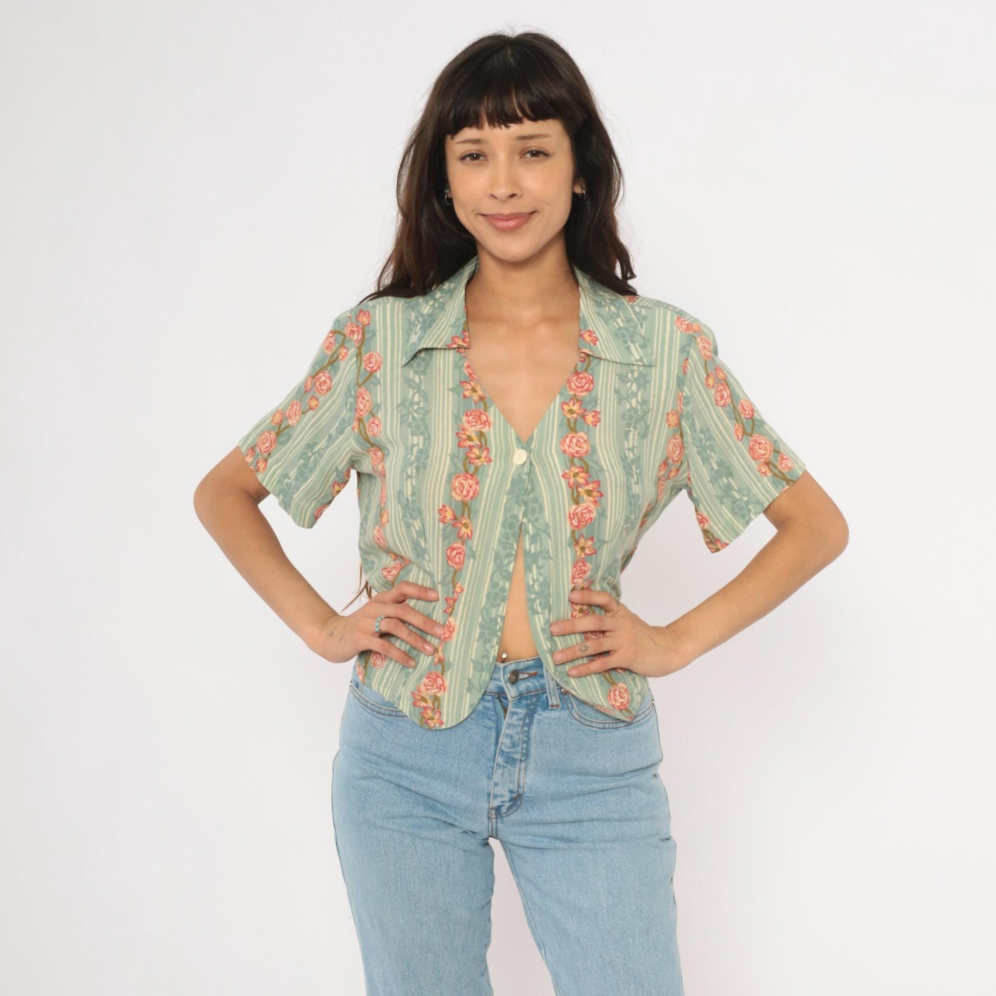 90s ICI Sage Green Striped Rose Vine Blouse V Neck Crop Top Large L