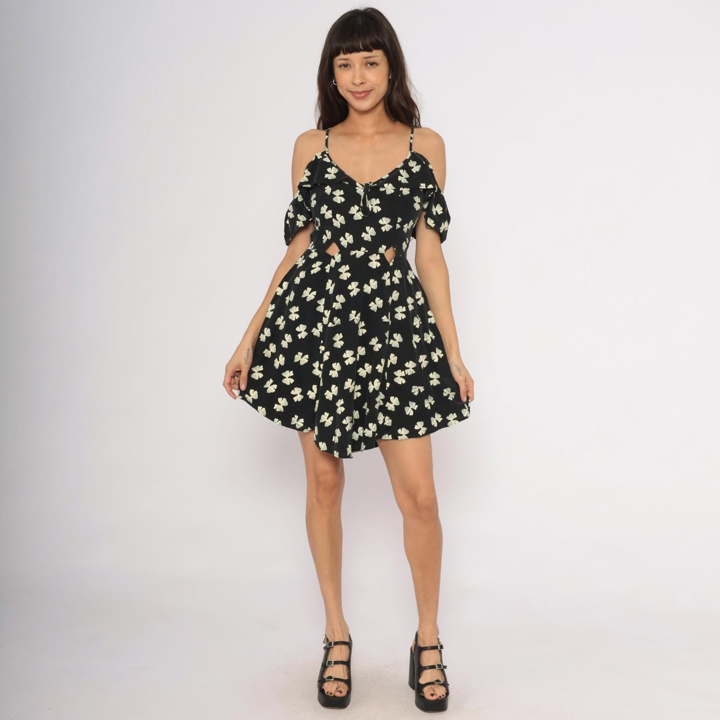 Y2K Black Cream Bow Print Mini Dress Cold Shoulder Cutout Small S