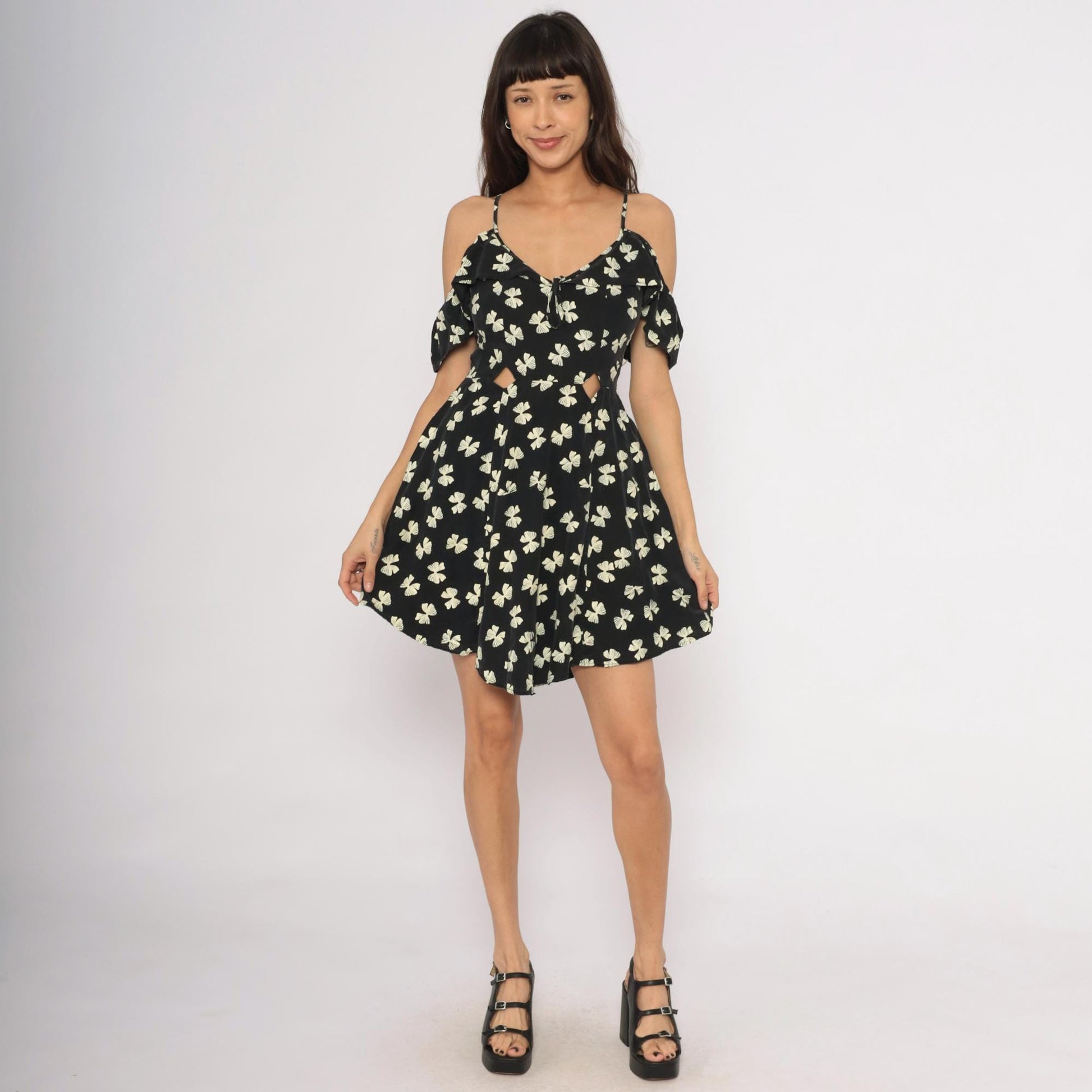 Y2K Black Cream Bow Print Mini Dress Cold Shoulder Cutout Small S