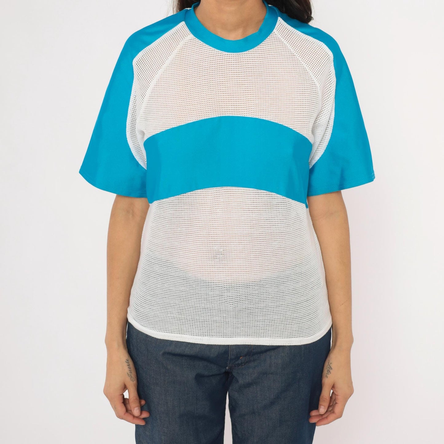 90s Kanu Mesh Panel Raglan Tee Blue White Colorblock Cotton Medium M