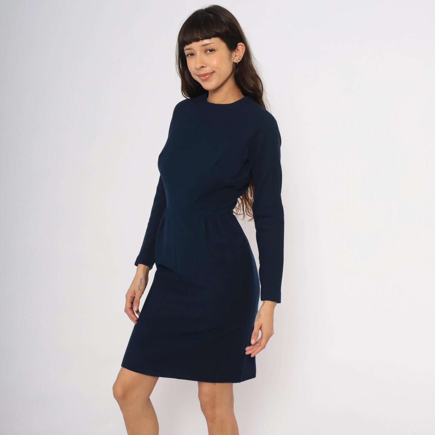 1950s Junior Sophisticates Navy Wool Dress Gathered Waist Knee Length Small