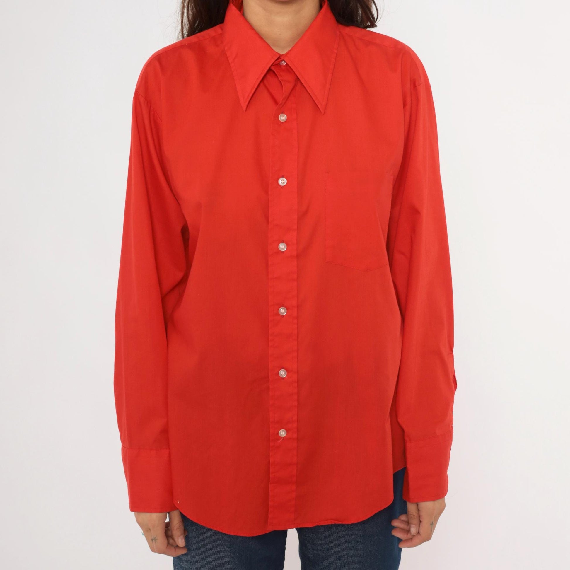 70s Golden Vee Red Button-Up Shirt Pointed Collar Long Sleeve Medium