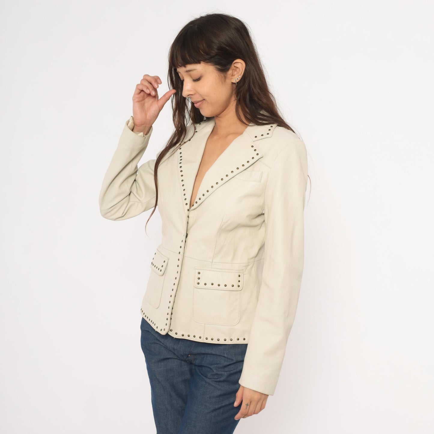 2000s Uniform John Paul Richard Studded Lamb Leather Blazer Cream Medium M