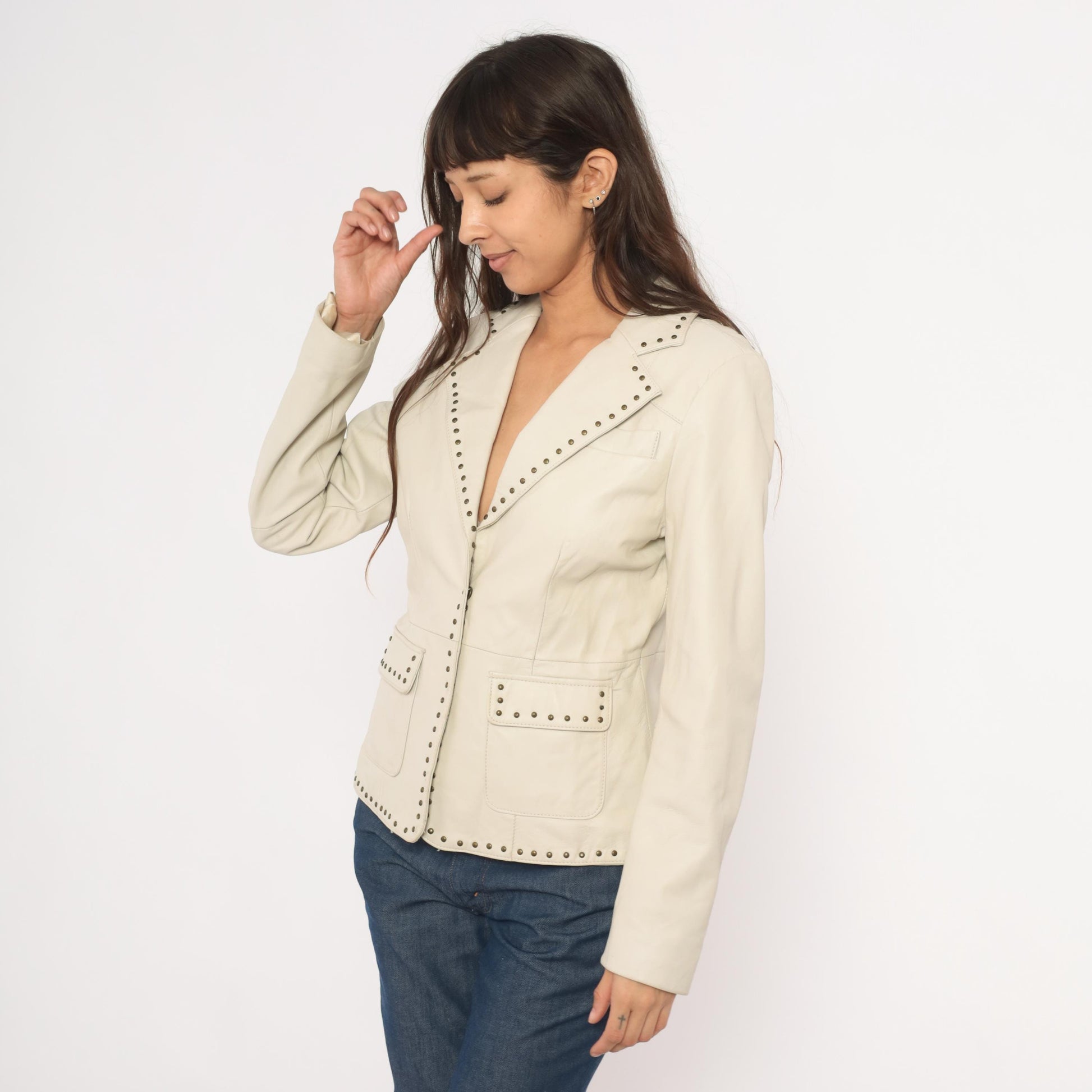 2000s Uniform John Paul Richard Studded Lamb Leather Blazer Cream Medium M