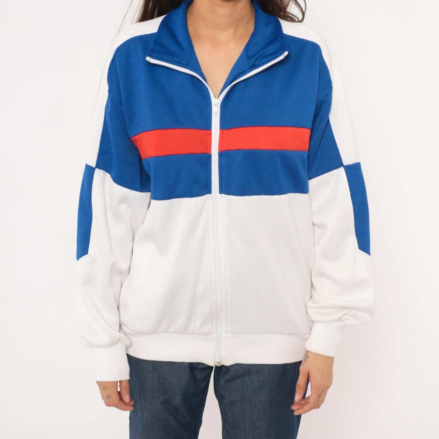 80s Pro Spirit Color Block Track Jacket Blue White Red Stripe Large L