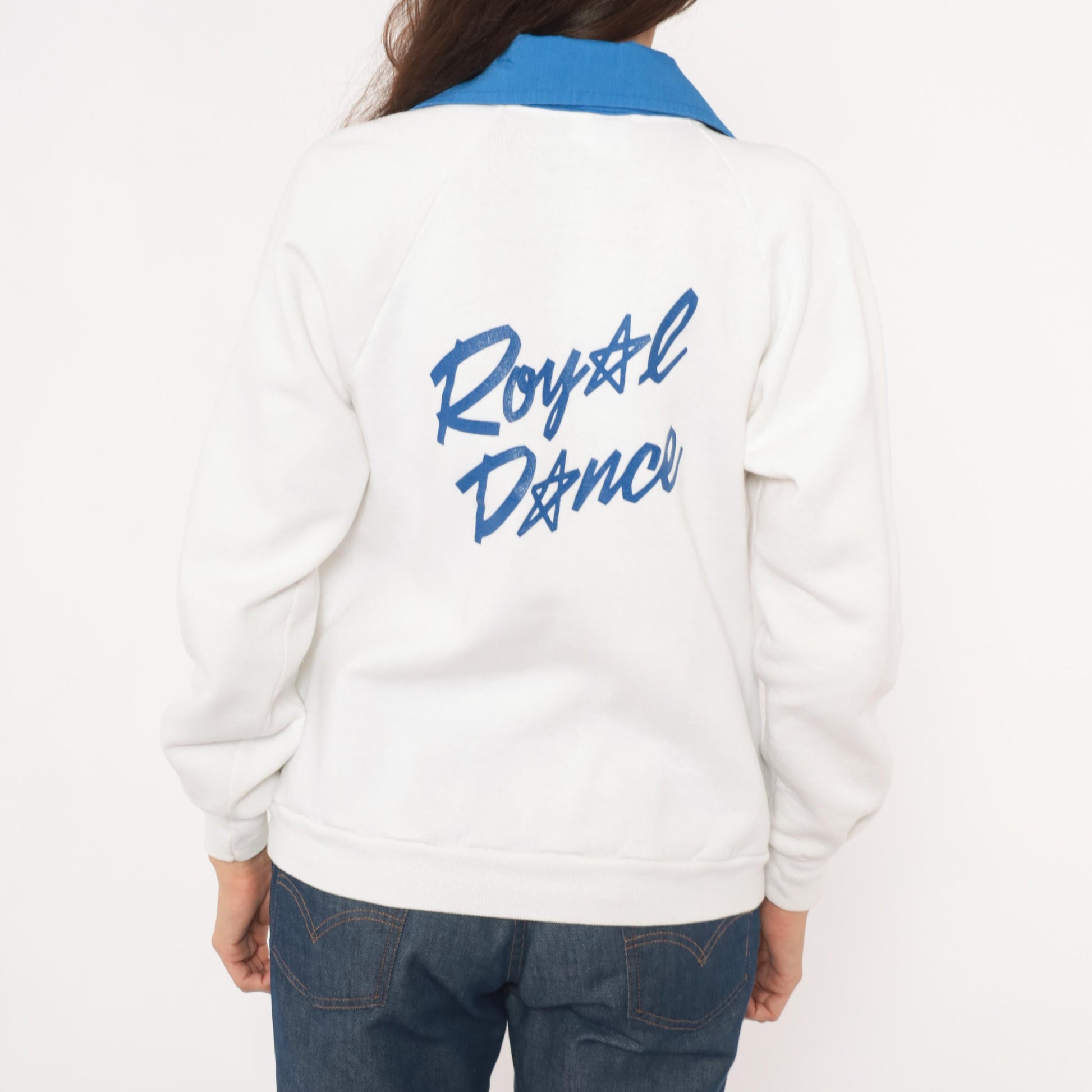 90s Jerzees Royal Dance Star Patch Sweatshirt Jacket White Blue Collared Medium M