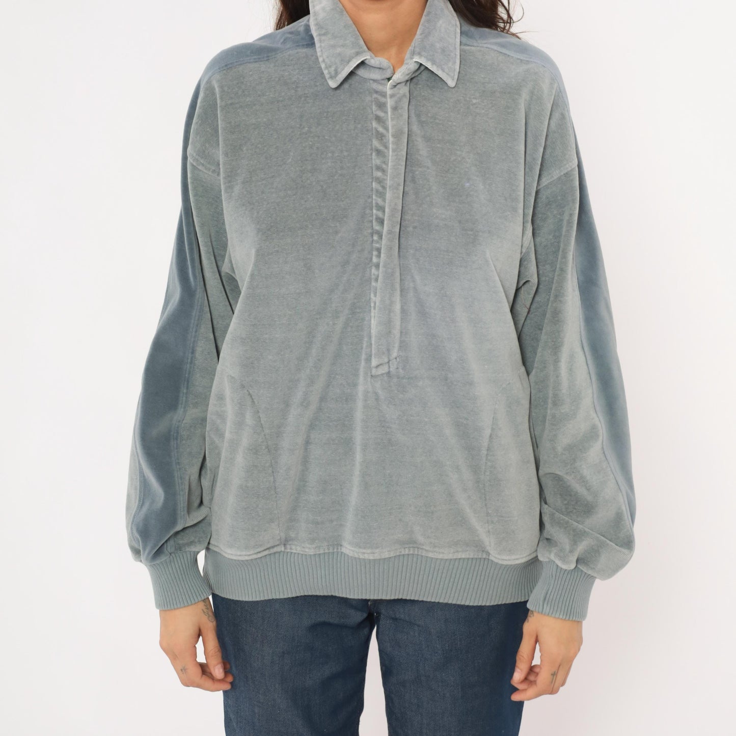 80s Damon Velour Polo Sweatshirt Grey-Blue Collared Pullover Medium M