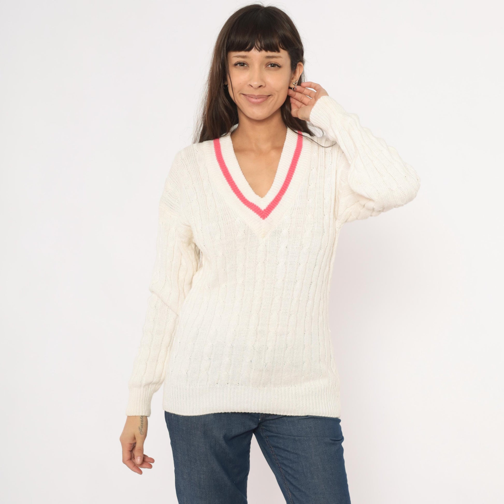90s Boundary Waters Cable Knit V Neck Sweater Pink Stripe Ivory Small S