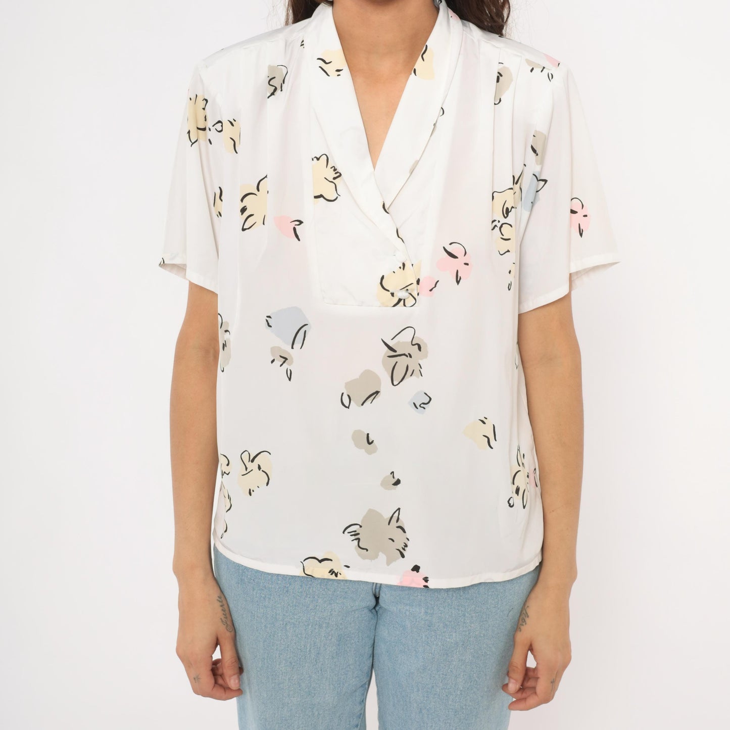90s Liz Baker Abstract Floral Blouse Cream Shawl Collar V Neck Medium