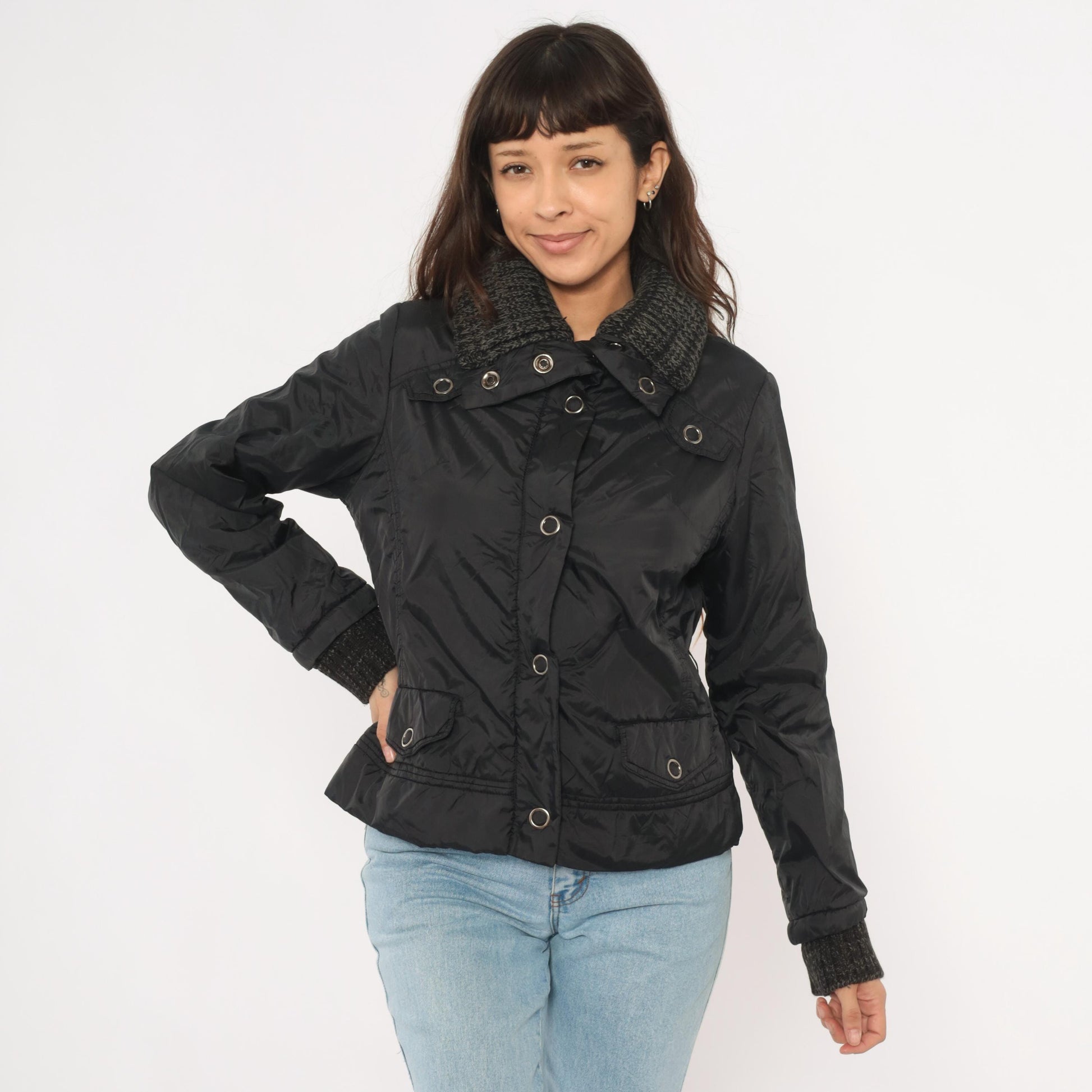 Y2K Dollhouse Black Bomber Jacket Snap Front Knit Collar Cropped Medium M