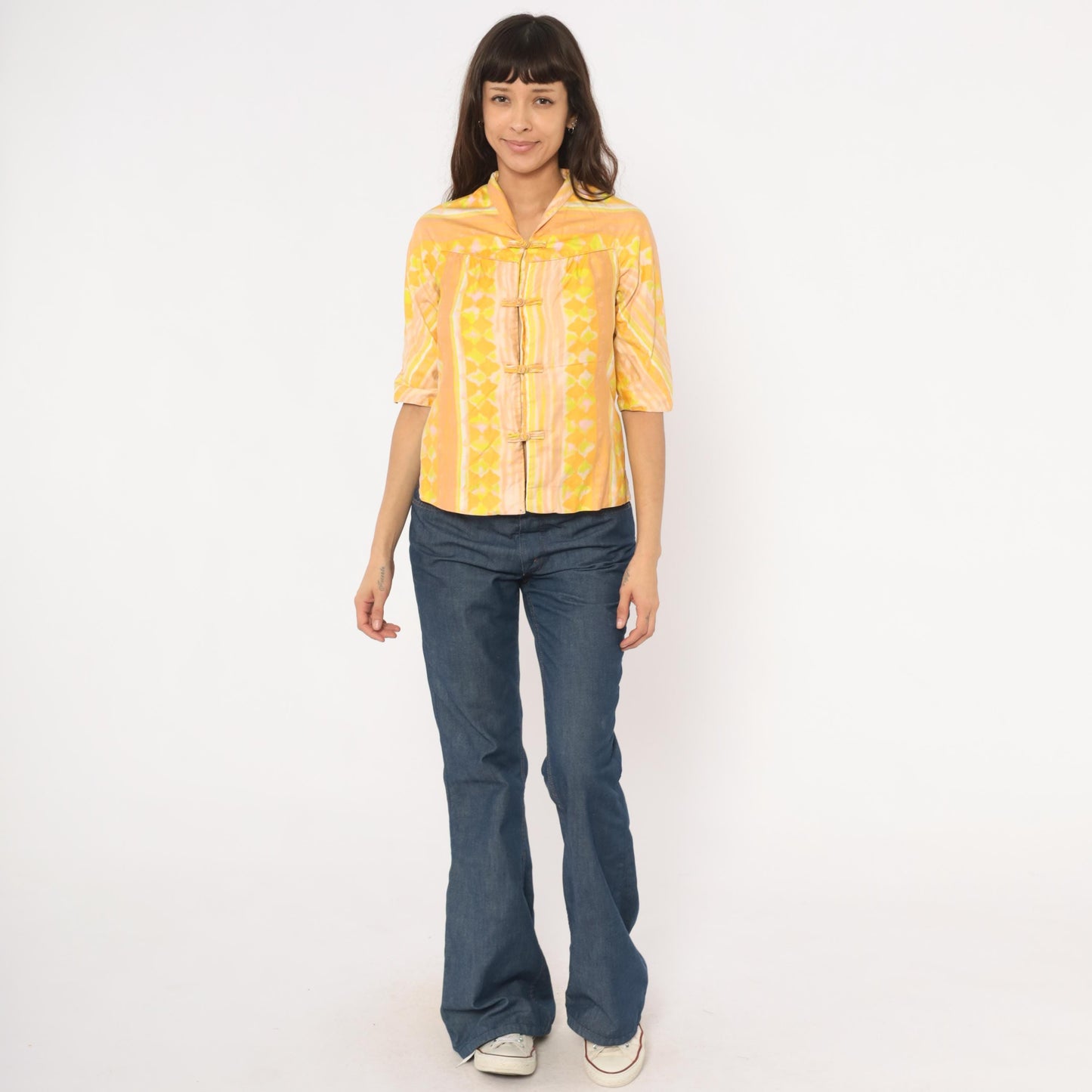 70s Frog Closure Blouse Yellow Geometric Print Mandarin Collar Three Quarter Sleeve Extra Small XS