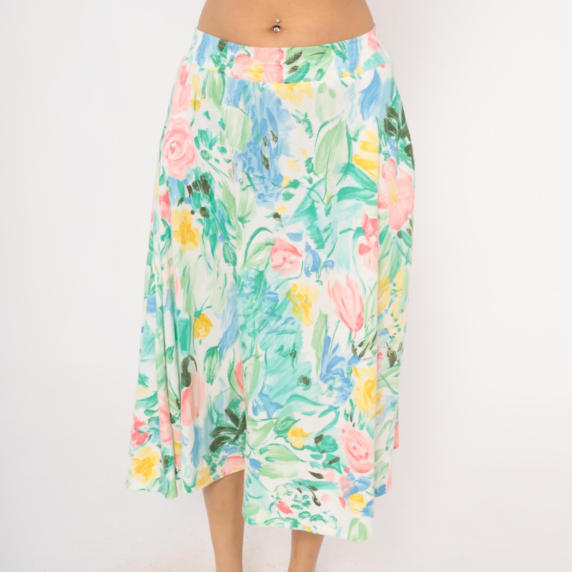 80s Dennis Goldsmith Floral Midi Skirt A-Line Pink Teal Green Medium