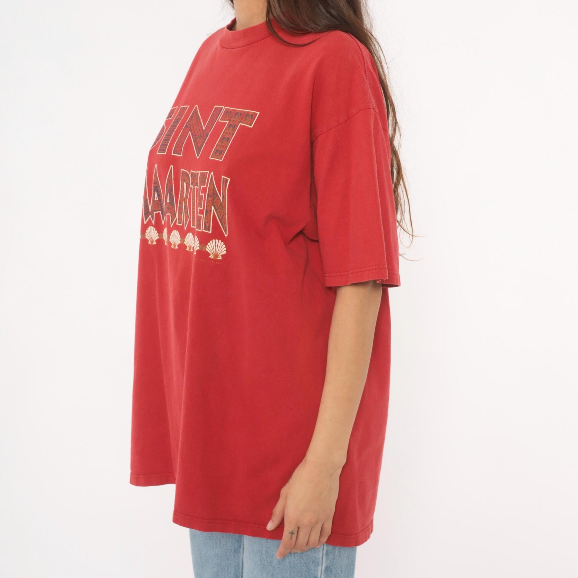 90s Sint Maarten Tribal Seashell Souvenir Tee Red Cotton Extra Large XL