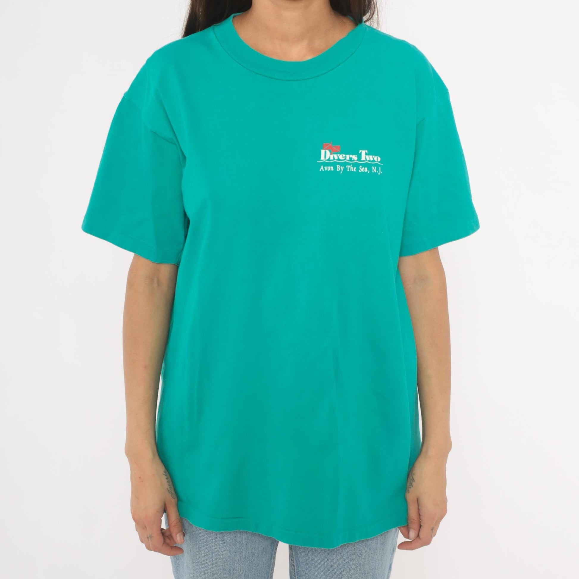 90s Divers Two Scuba Graphic T-Shirt Teal New Jersey Cotton Extra Large XL