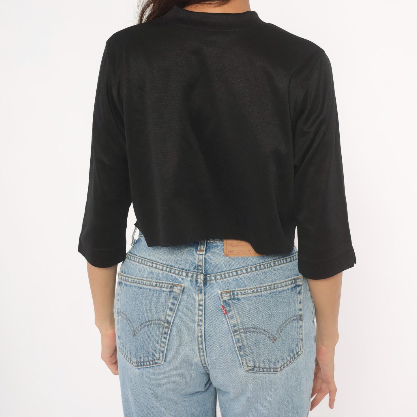 80s Bon Worth Paisley Embroidered Crop Top Black Three Quarter Sleeve Small