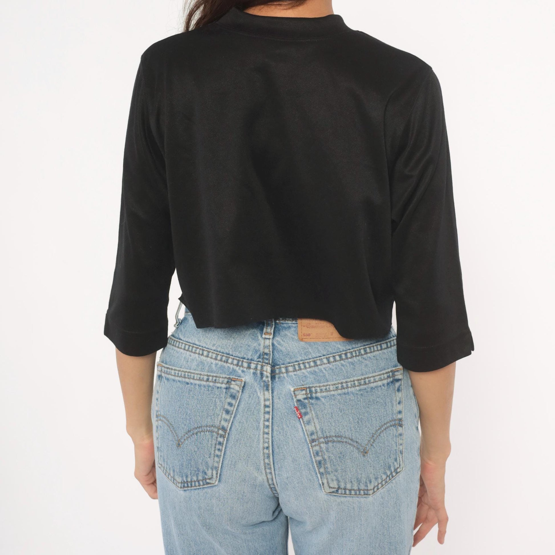 80s Bon Worth Paisley Embroidered Crop Top Black Three Quarter Sleeve Small