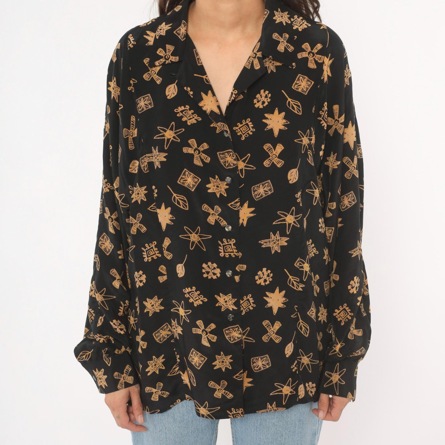 90s Annie Alexander Silk Blouse Black Gold Abstract Print Notched Collar Large L