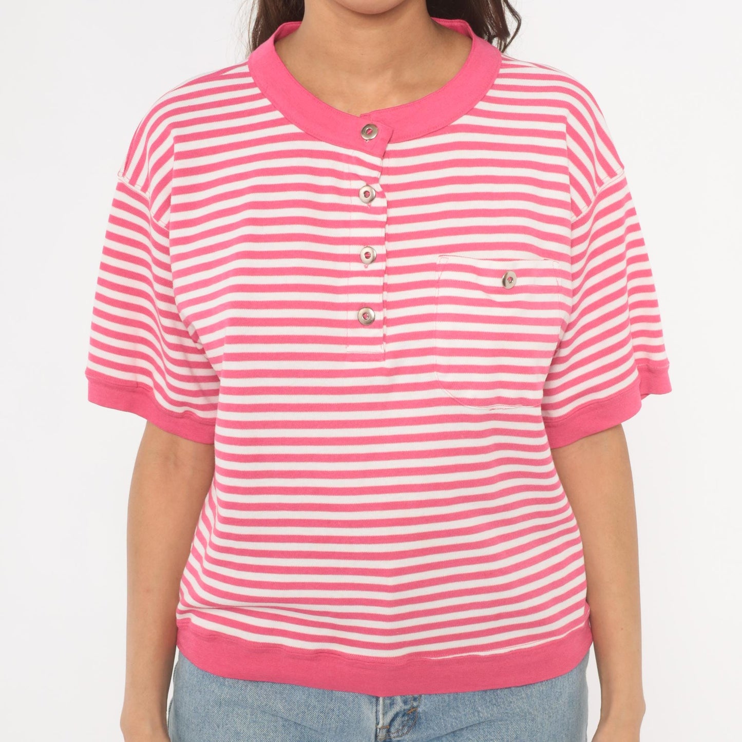 90s N Resource Pink Striped Henley Button Top Chest Pocket Medium