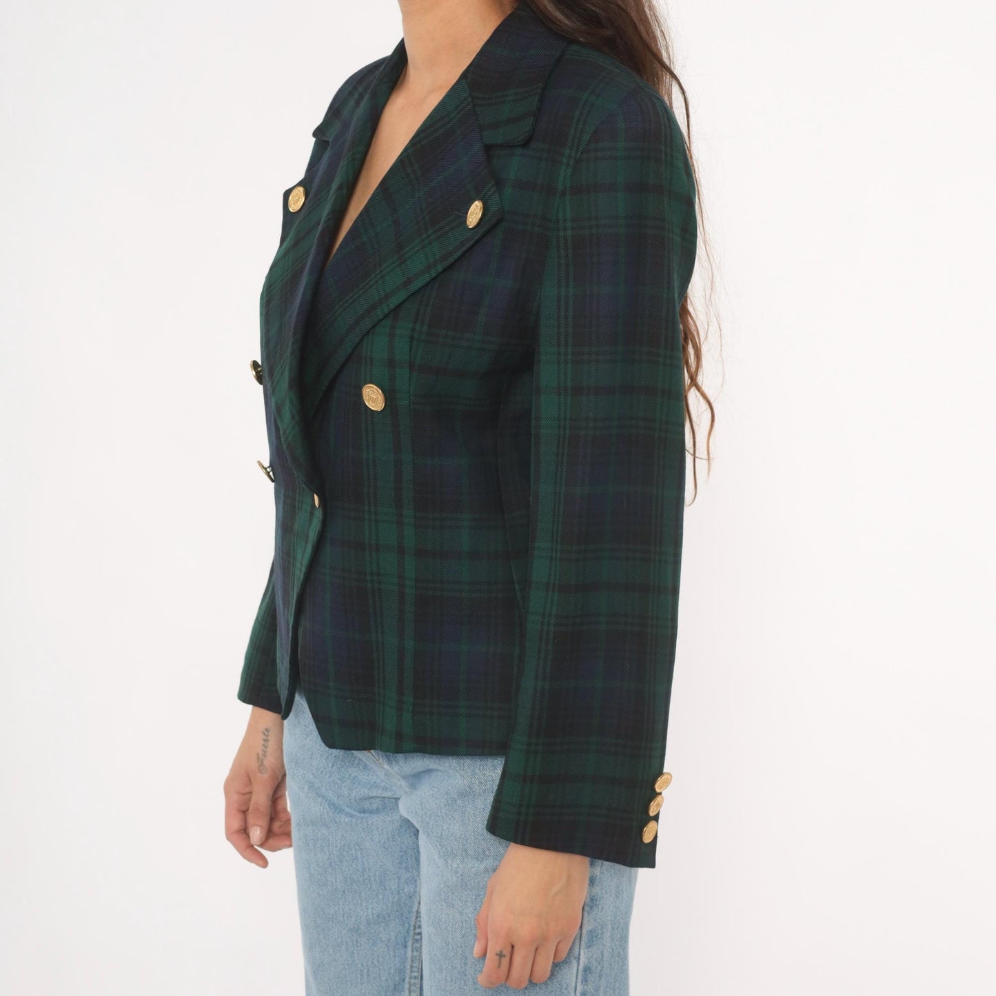 80s Rafaella Black Watch Tartan Wool Blazer Gold Button Peak Lapel Small S