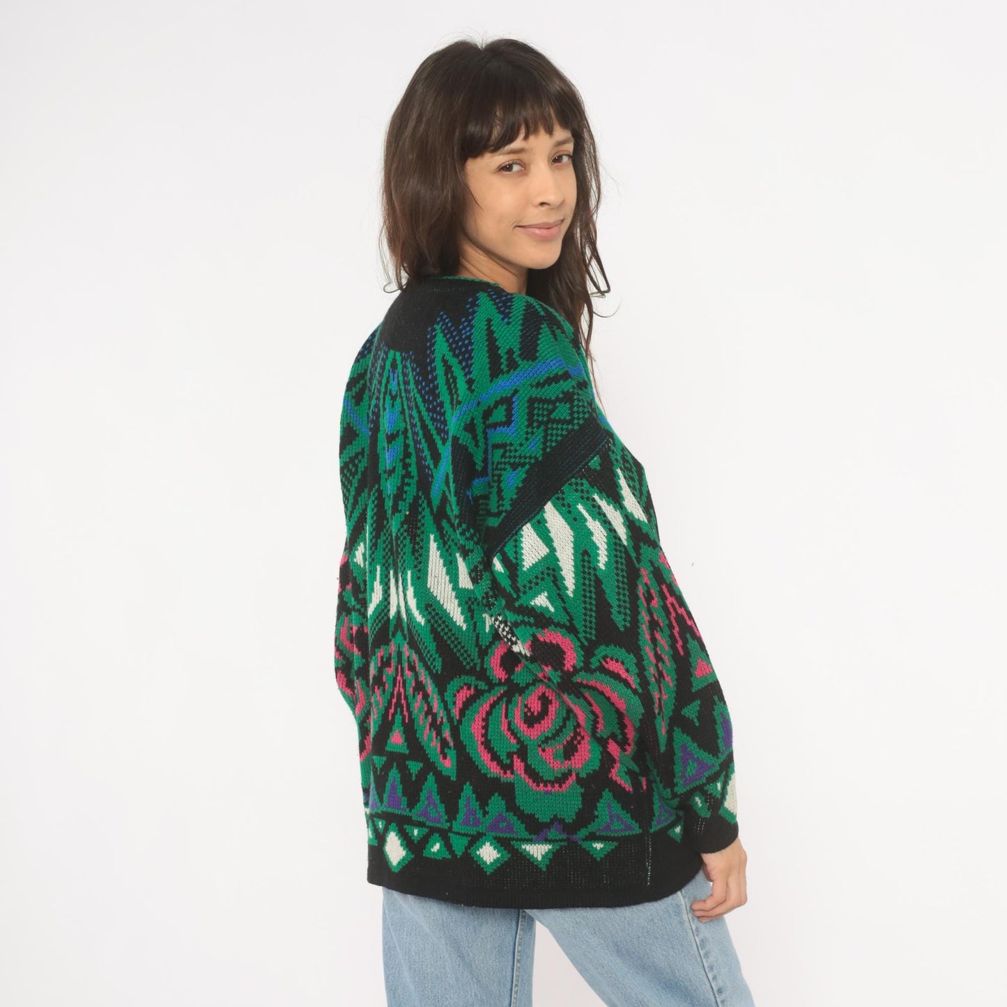 90s Venezia Geometric Jacquard Knit Sweater Green Pink Blue Crewneck XL