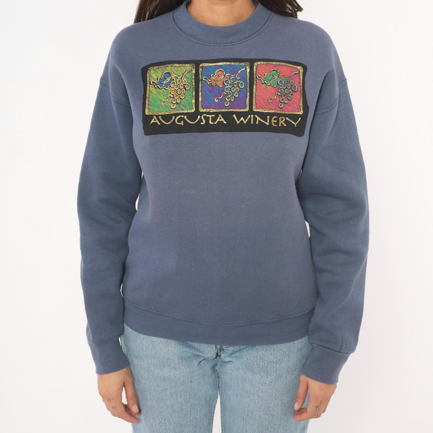 90s Fruit of the Loom Vineyard Crewneck Sweatshirt Slate Blue Graphic Small