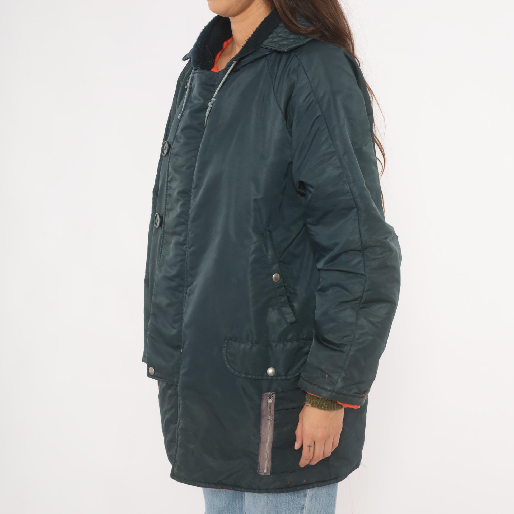 80s La Mart Navy Puffer Parka Sherpa Collar Hooded Winter Coat Large