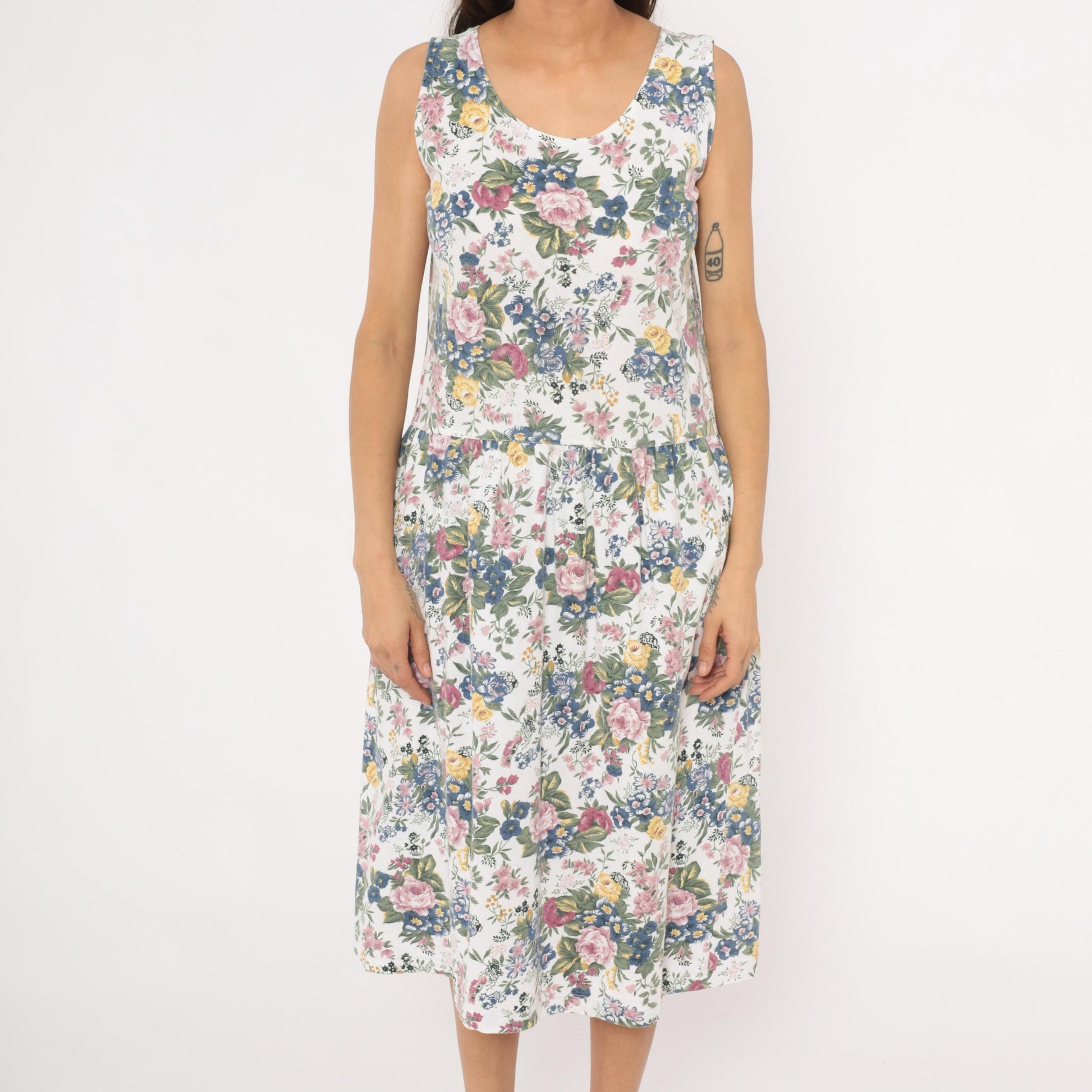 90s Erika Floral Sundress White Pink Blue Garden Print Cotton Small