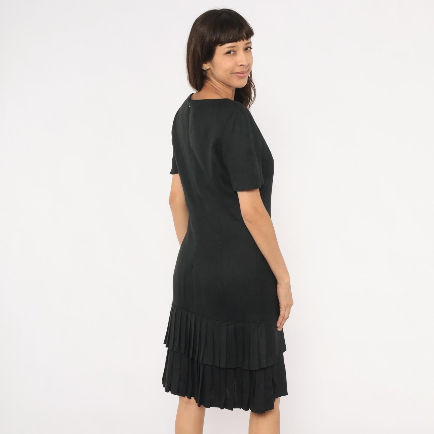 80s Carolina Herrera Black Knee-Length Dress Drop Waist Pleated Ruffle Medium