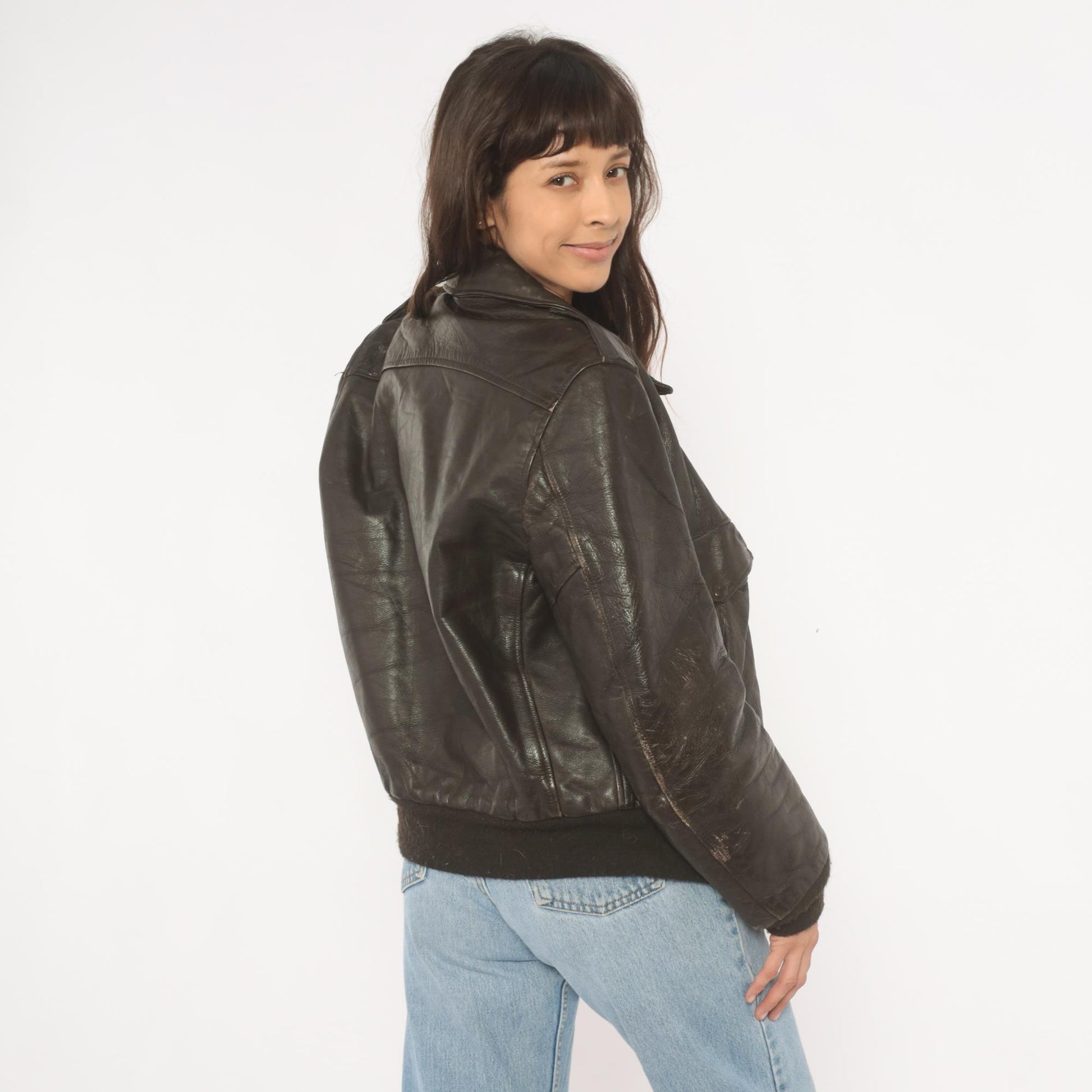 80s Golden Fleece Dark Brown Leather Bomber Jacket Cropped Small