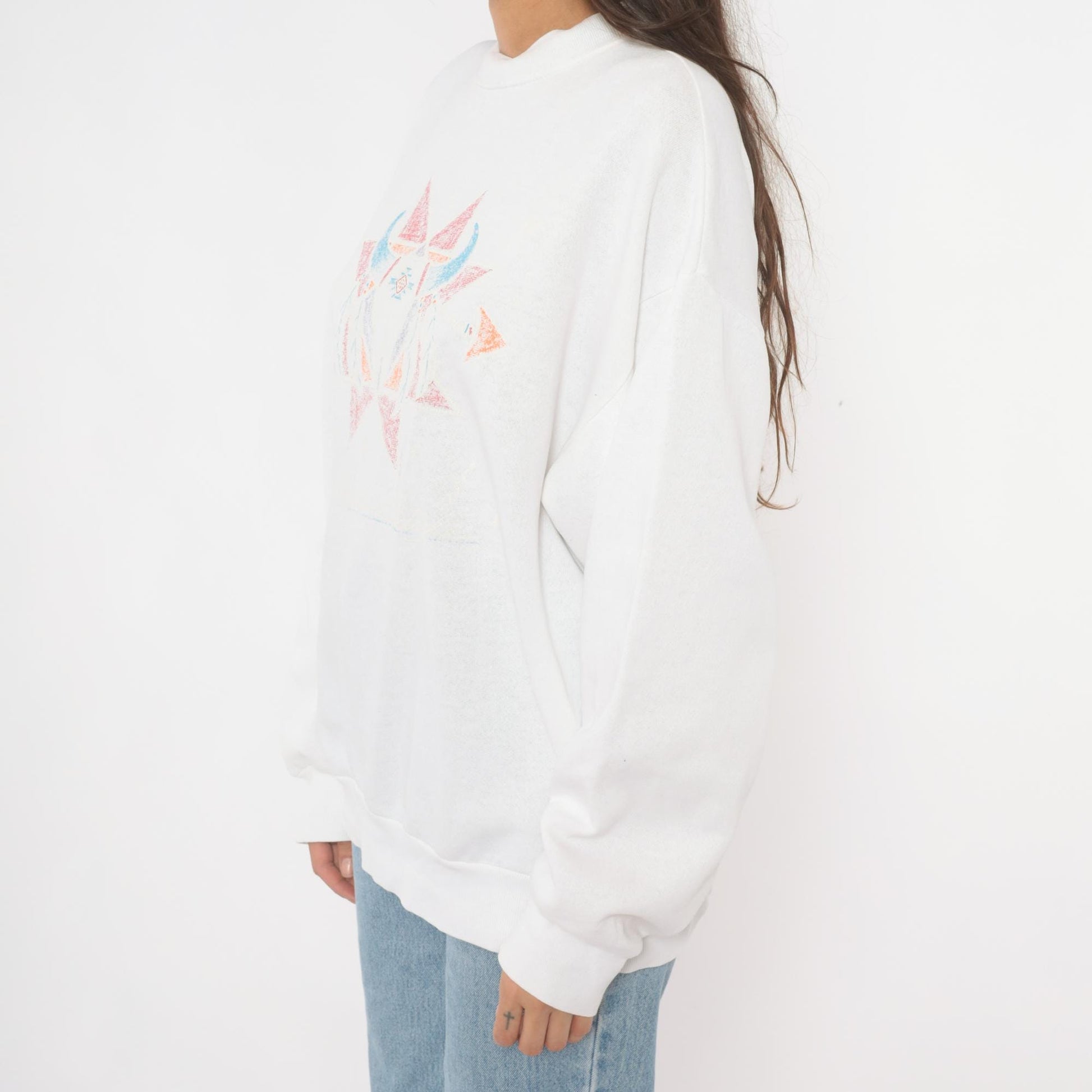 90s Tultex Southwestern Cow Skull Sweatshirt White Pastel Geometric Crewneck Extra Large XXL