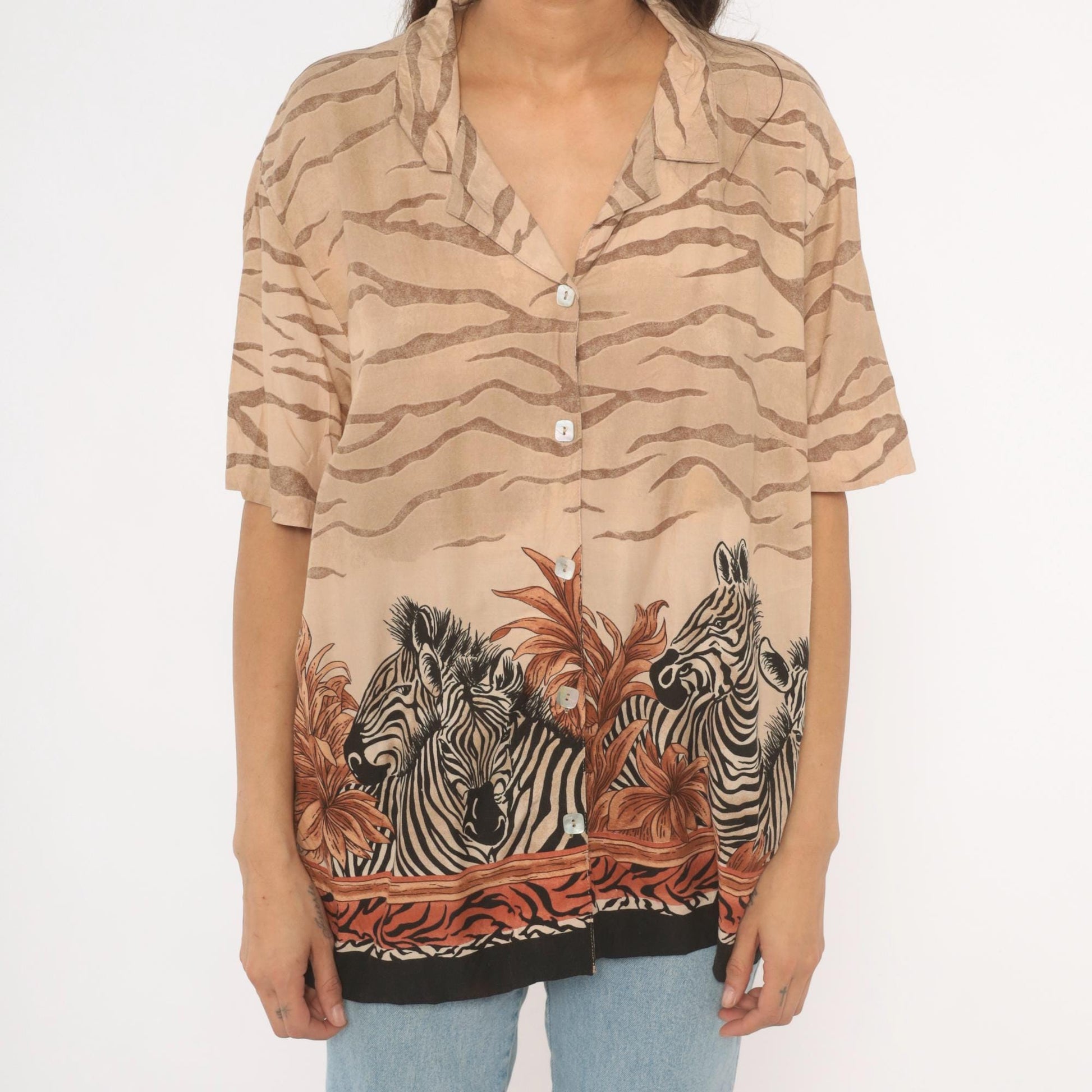 90s Teddi Zebra Safari Camp Collar Shirt Animal Print Tan Large L