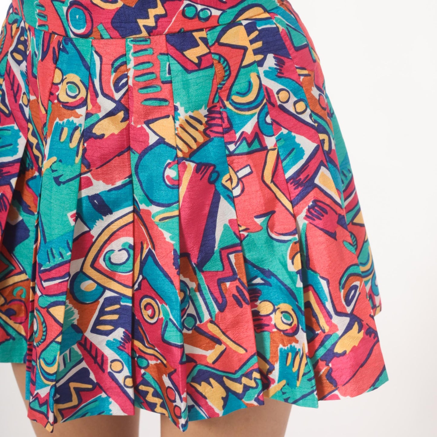 90s Lily's of Beverly Hills Pleated Mini Skirt Abstract Geometric Print Pink Teal Medium