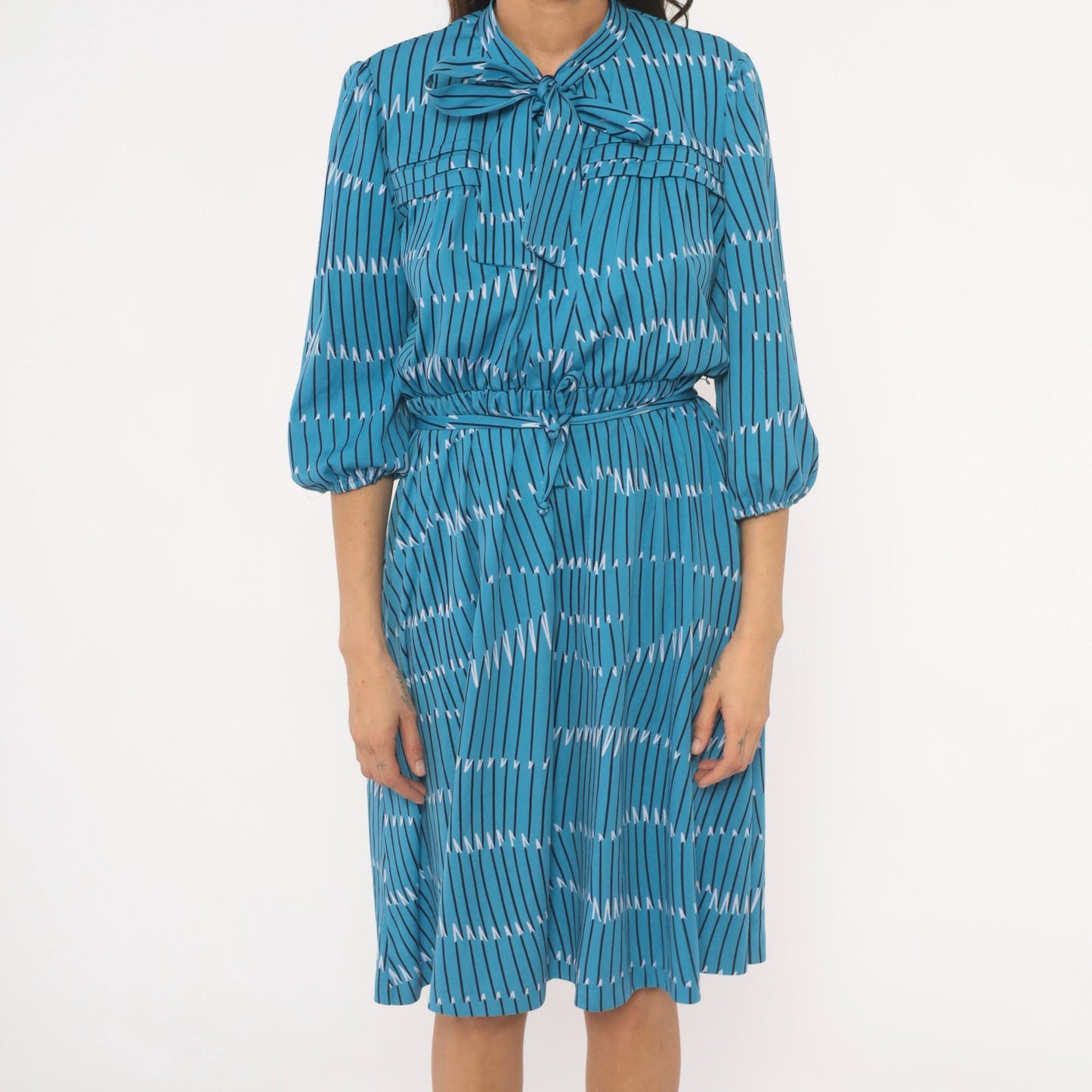 70s Teal Geometric Stripe Bow Neck Dress Puff Sleeve Belted Knee Length Large L