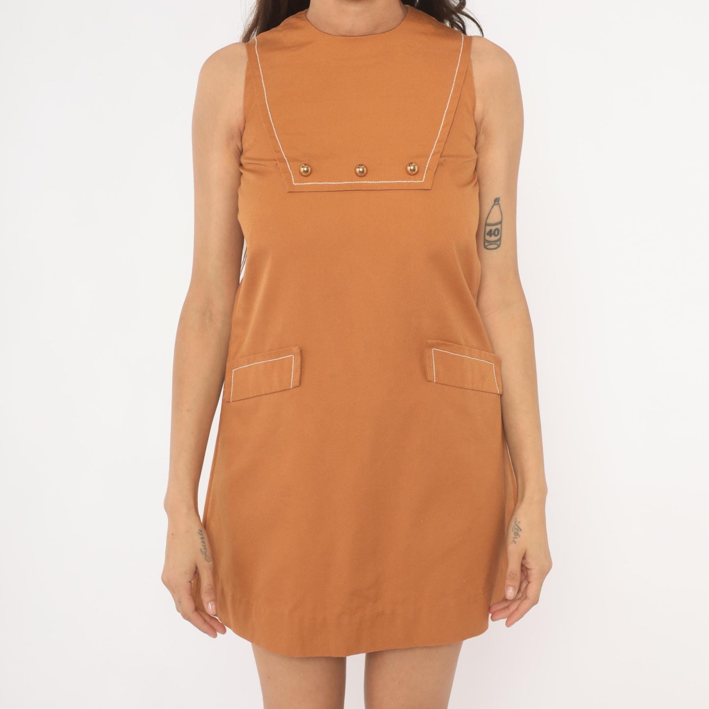 60s Mod Mini Dress Tan Sleeveless Shift Gold Button Crew Neck Extra Small XS