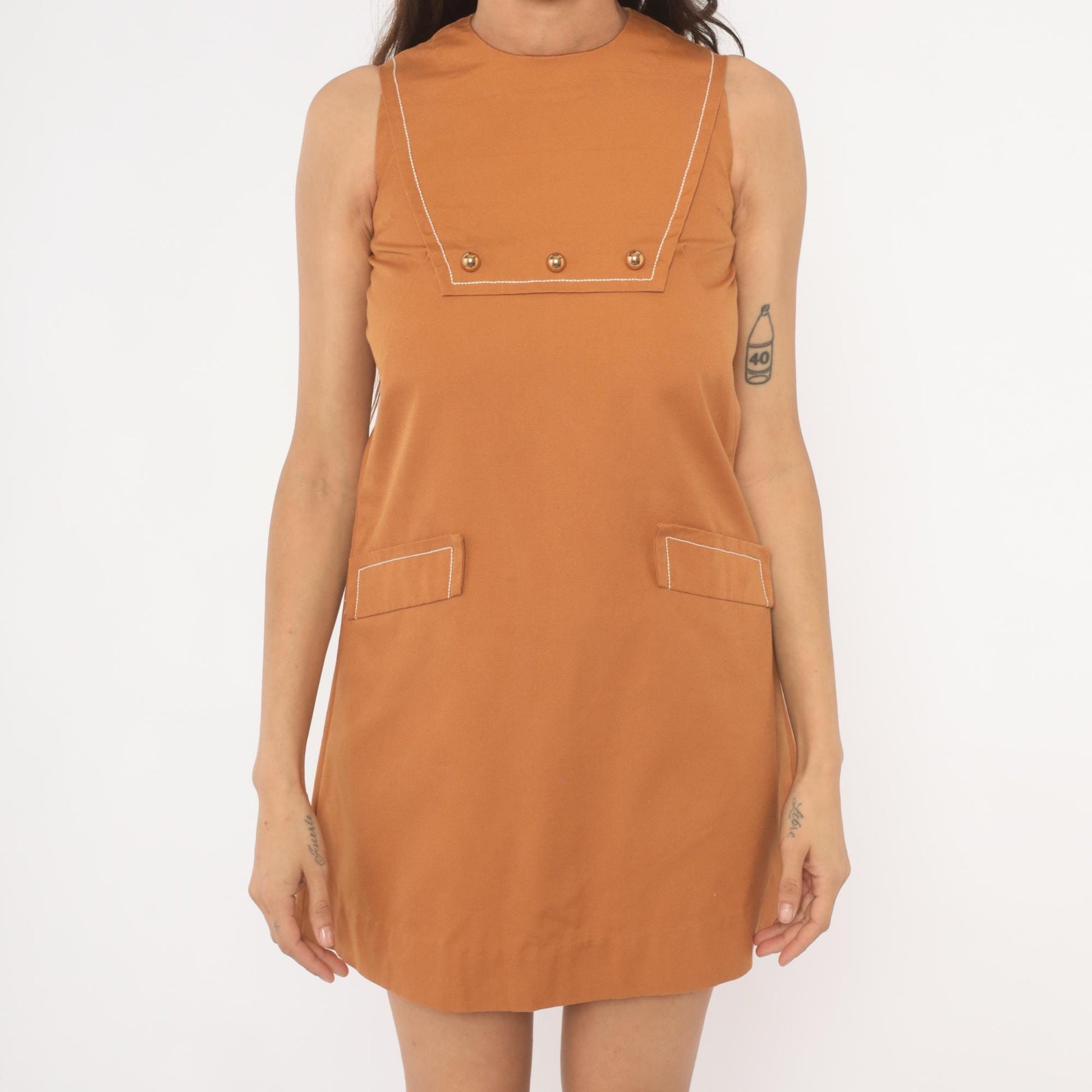 60s Mod Mini Dress Tan Sleeveless Shift Gold Button Crew Neck Extra Small XS