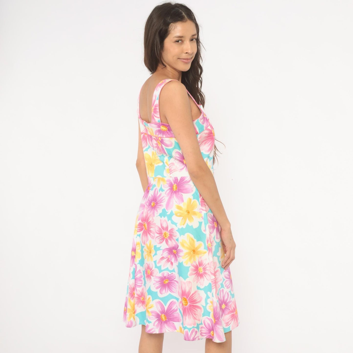 90s Scarlett Floral Sundress Square Neck Daisy Print Sky Blue Medium M